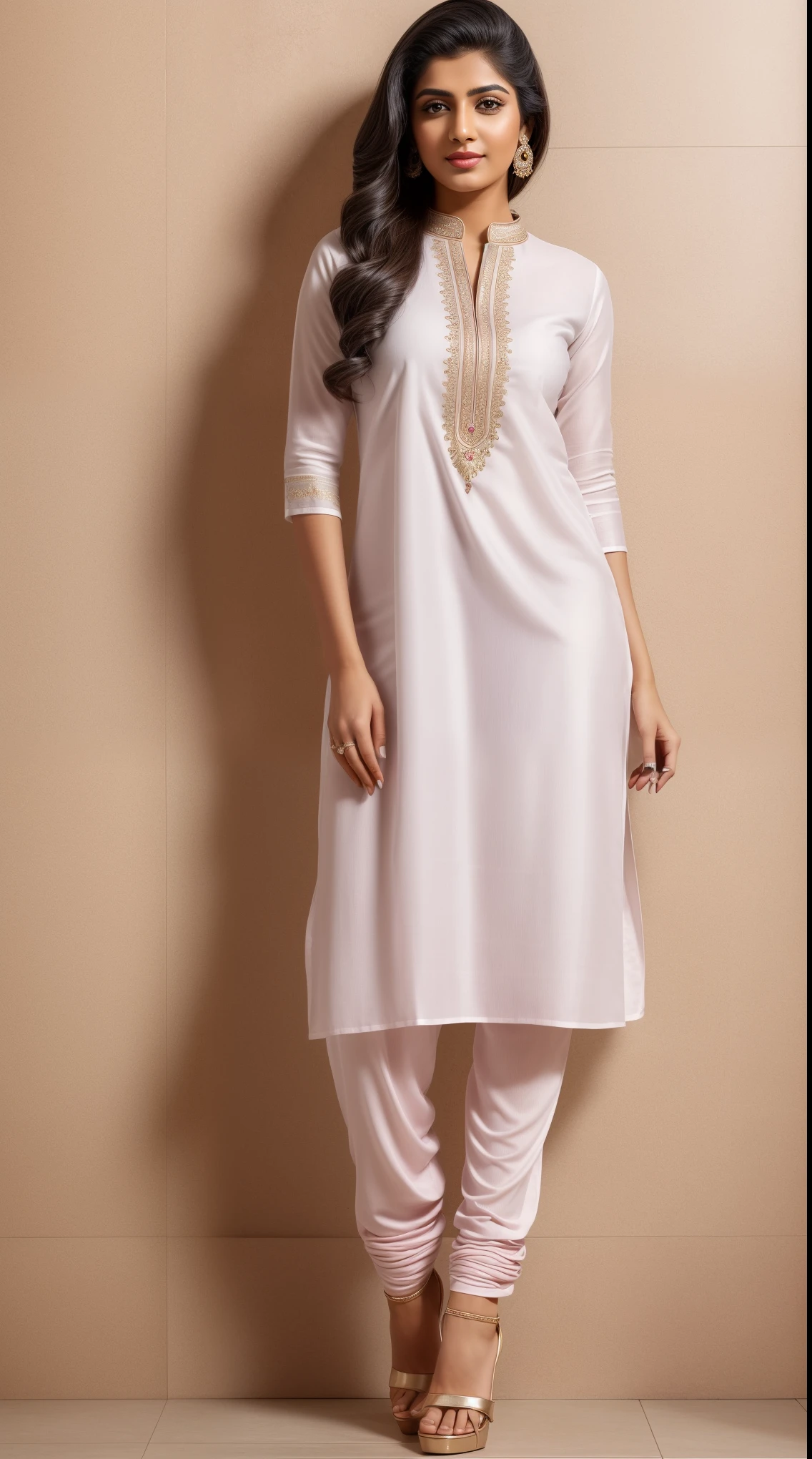 (full body shot), A beautiful Indian women wearing a white kurta, pink salwar, Indian outfits, beautiful suit, gorgeous looking, ultra detailed face, red lips, high heel, high quality picture, candid picture, ultra detailed face, realistic face,