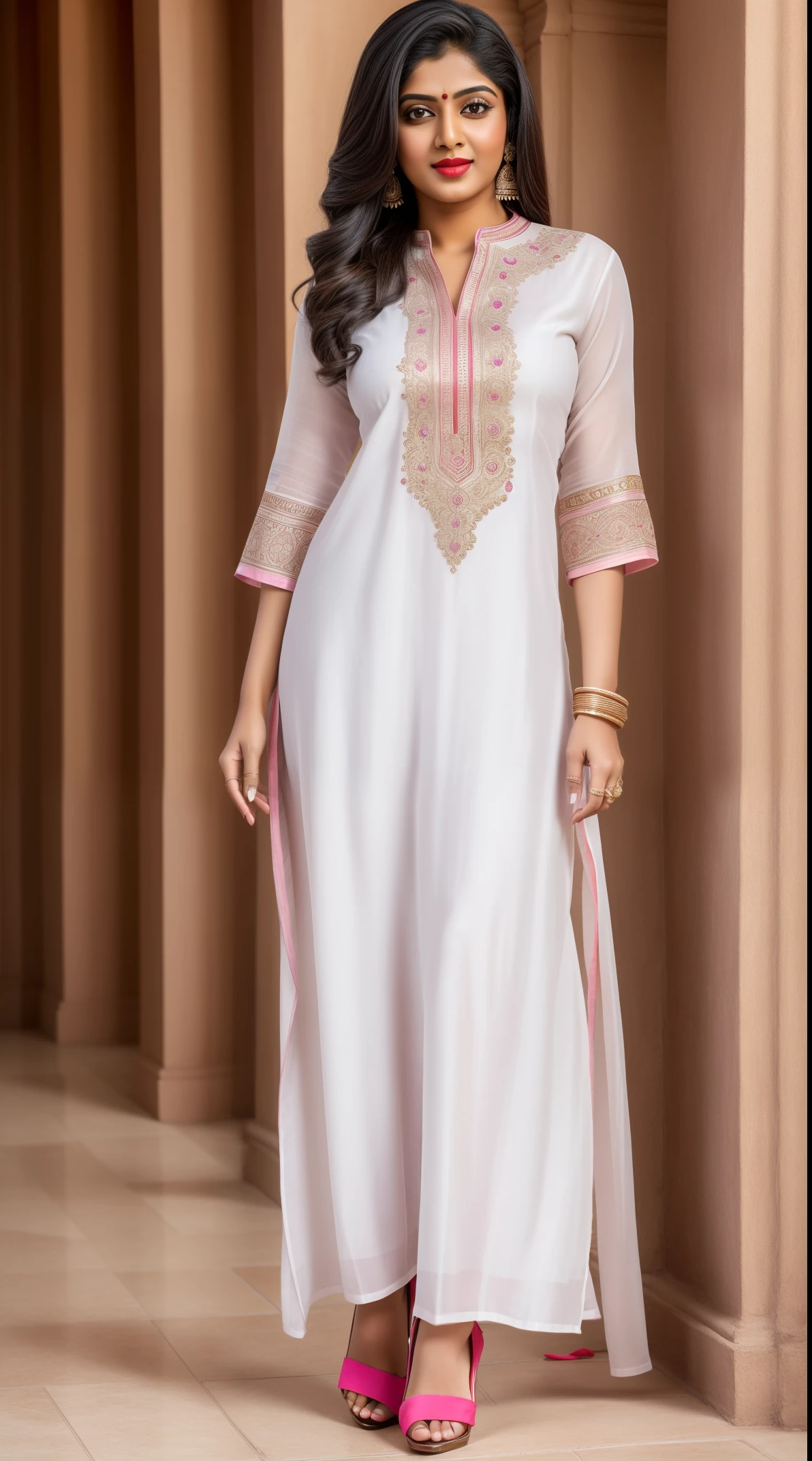 (full body shot), A beautiful Indian women wearing a white kurta, pink salwar, Indian outfits, beautiful suit, gorgeous looking, ultra detailed face, red lips, high heel, high quality picture, candid picture, ultra detailed face, realistic face,