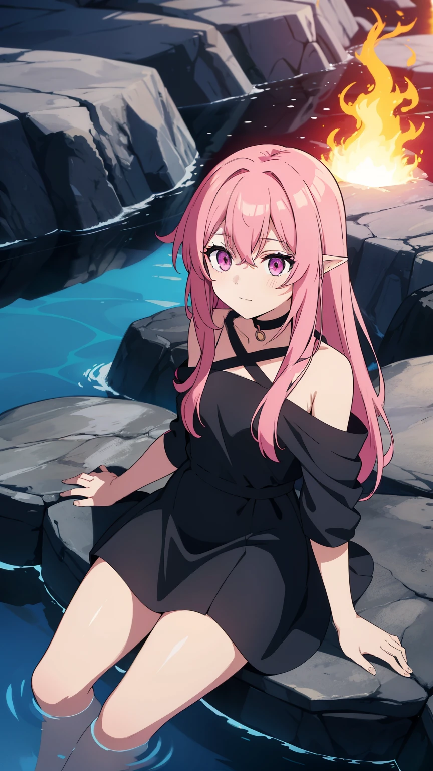 (high-quality, breathtaking),(expressive eyes, perfect face) anime girl with pink hair and black dress sitting on a rock, small pool of water around rocks, vibrant fan art, loish art style, her hair is made out of fire, loish, colorful and dark, inspired by INO, neon and dark, inspired by loish, speedpaint, glowing hair, pink eyes, long hair length, happy expression, nymph of passion, magic flowing hair,
