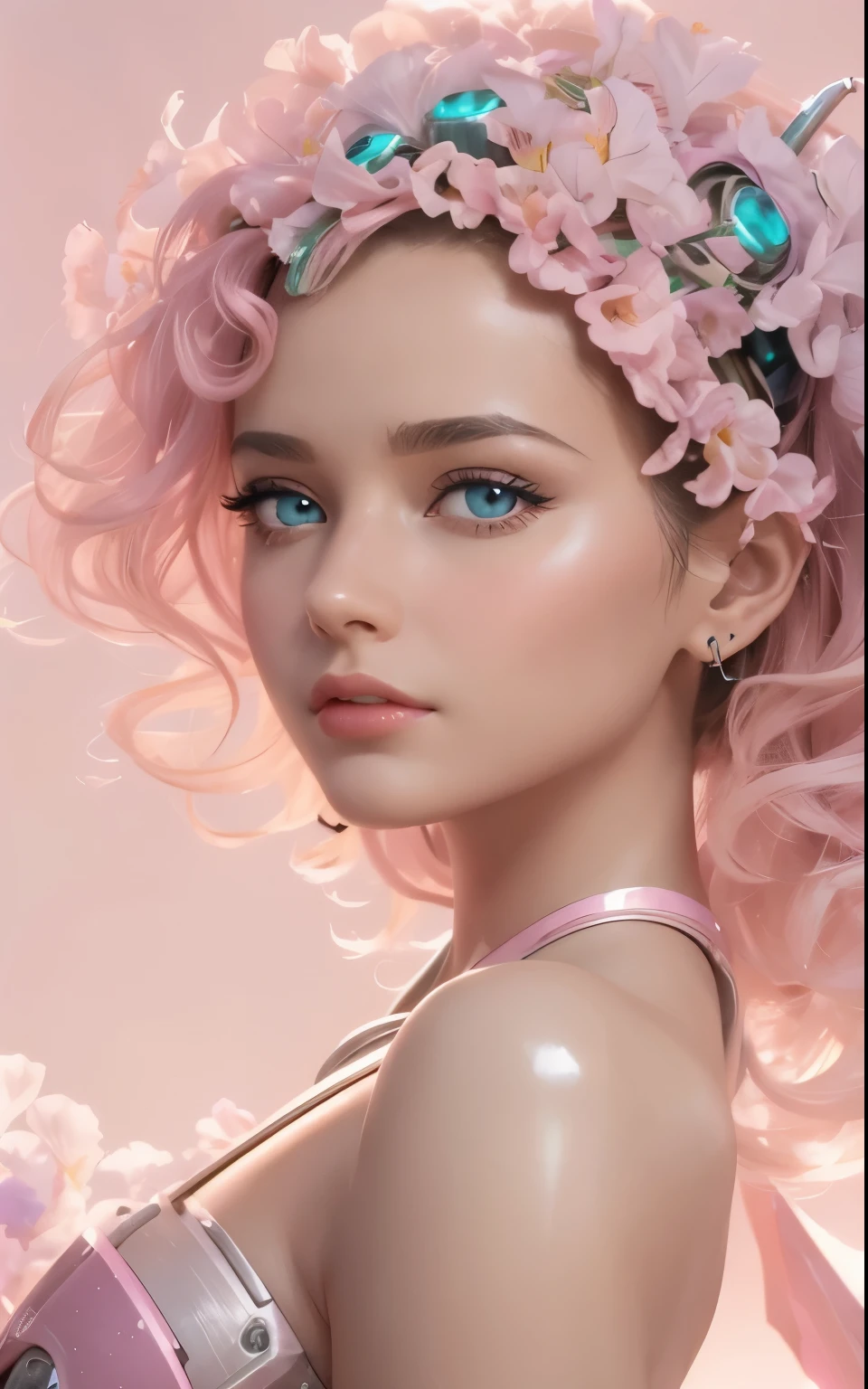 A beautiful female android robot thinking, herb ritts style, 50s style, colored, perfect light-pink iris, identical size and shape eyes and pupils, antennae earrings,