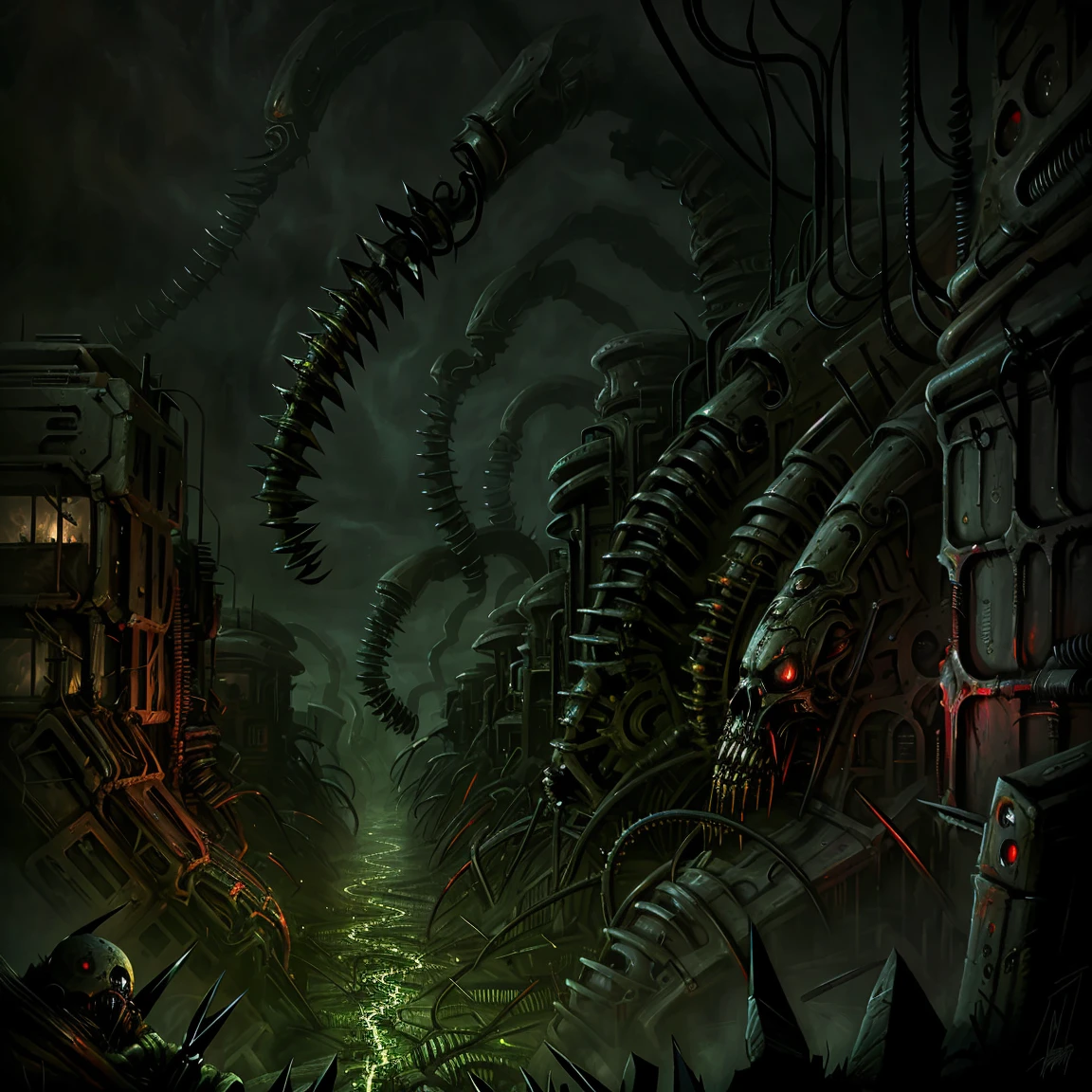 Wide angle, underground dark valley, biomechanical buildings, Intrincated evil sculptures, ruins and thorns and obscure walls. Satanic temple, pentagram on the ground and polluted river, obscured by the sun. Horror art, hyperdetailed painting, color drawing. Art by Dan Seagrave
