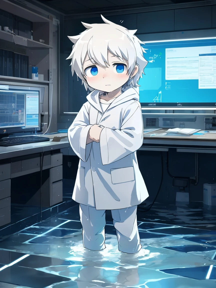4K,8K,high resolution,masterpiece, best quality, big watery eyes, hairy, alone, wear, Baggy white coat, wet fur, Flooded,((boys,Shota))In the lab