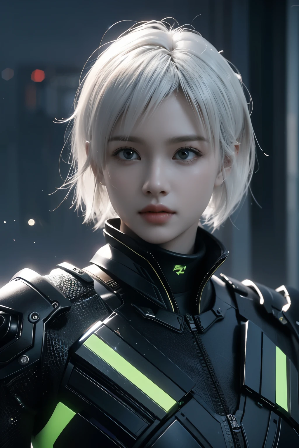 Game art,The best picture quality,Highest resolution,8K,((A bust photograph)),((Portrait)),(Rule of thirds),Unreal Engine 5 rendering works, (The Girl of the Future),(Female Warrior), 22岁少女,(Female hackers),(White short hair,Long hair casual),(A beautiful eye full of detail),(Big breasts),(Eye shadow),优雅迷人,冷漠,((惊讶)),(Battle wear full of futuristic tech,Clothing combines futuristic power armor and police uniforms,The garments are adorned with glittering patterns and badges),赛博朋克人物,未来风格, 拍照姿势,城市背景,Movie lights,Ray tracing,Game CG,((3D Unreal Engine)),oc渲染反射纹