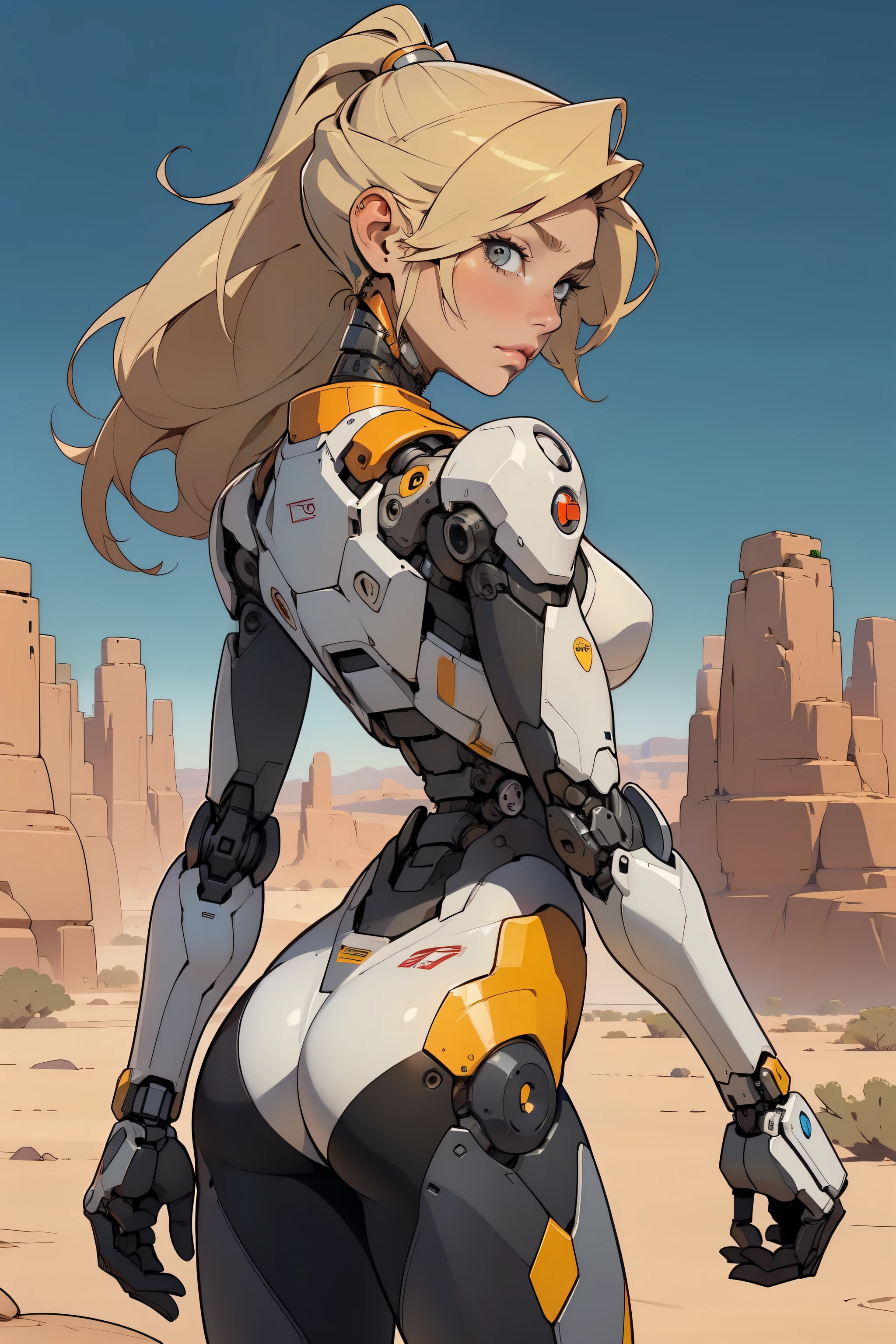 high quality, 4k, masterpiece, beautiful, cyborg girl, cowboy shot, dull eyes, back side, turning around to look at viewer, long blonde hair, girl, small breasts, fit thigh, robotic arms, robotic body, cyborg body, yellow accent, redaccent, intricate detail, joint, detailed lines, robotic detail, holding fist up, holding hand up as fist, color robotic parts, robotic parts with color, perfect fingers, on a desert planet, sunny background, colorful desert,