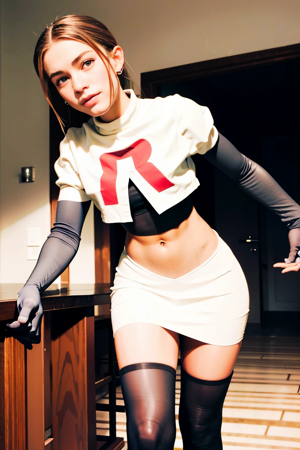 morganrosemoroney, a woman wearing team rocket,team rocket uniform,white skirt,red letter R,crop top,black thigh-highs,black elbow gloves,