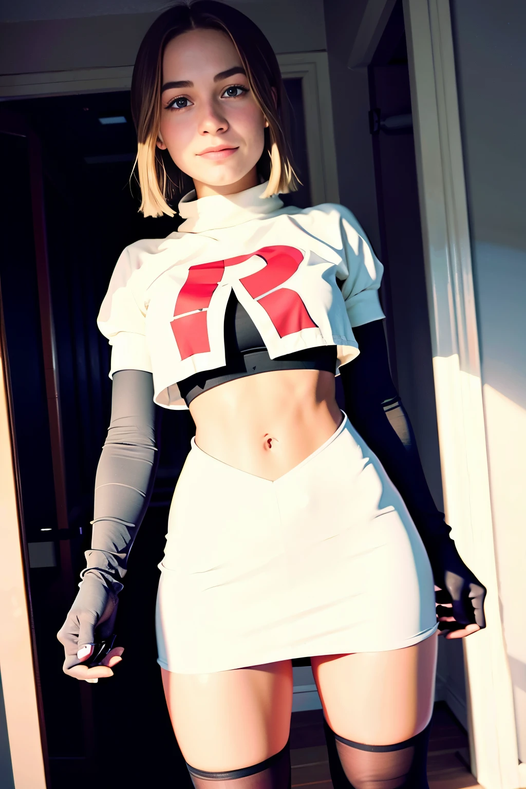 morganrosemoroney, a woman wearing team rocket,team rocket uniform,white skirt,red letter R,crop top,black thigh-highs,black elbow gloves,