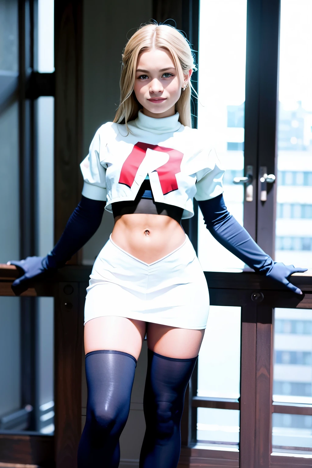 morganrosemoroney, a woman wearing team rocket,team rocket uniform,white skirt,red letter R,crop top,black thigh-highs,black elbow gloves,