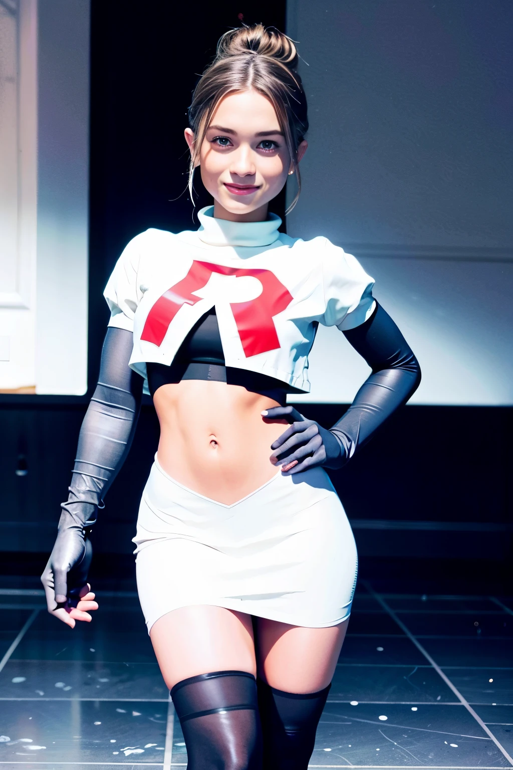 morganrosemoroney, a woman wearing team rocket,team rocket uniform,white skirt,red letter R,crop top,black thigh-highs,black elbow gloves,