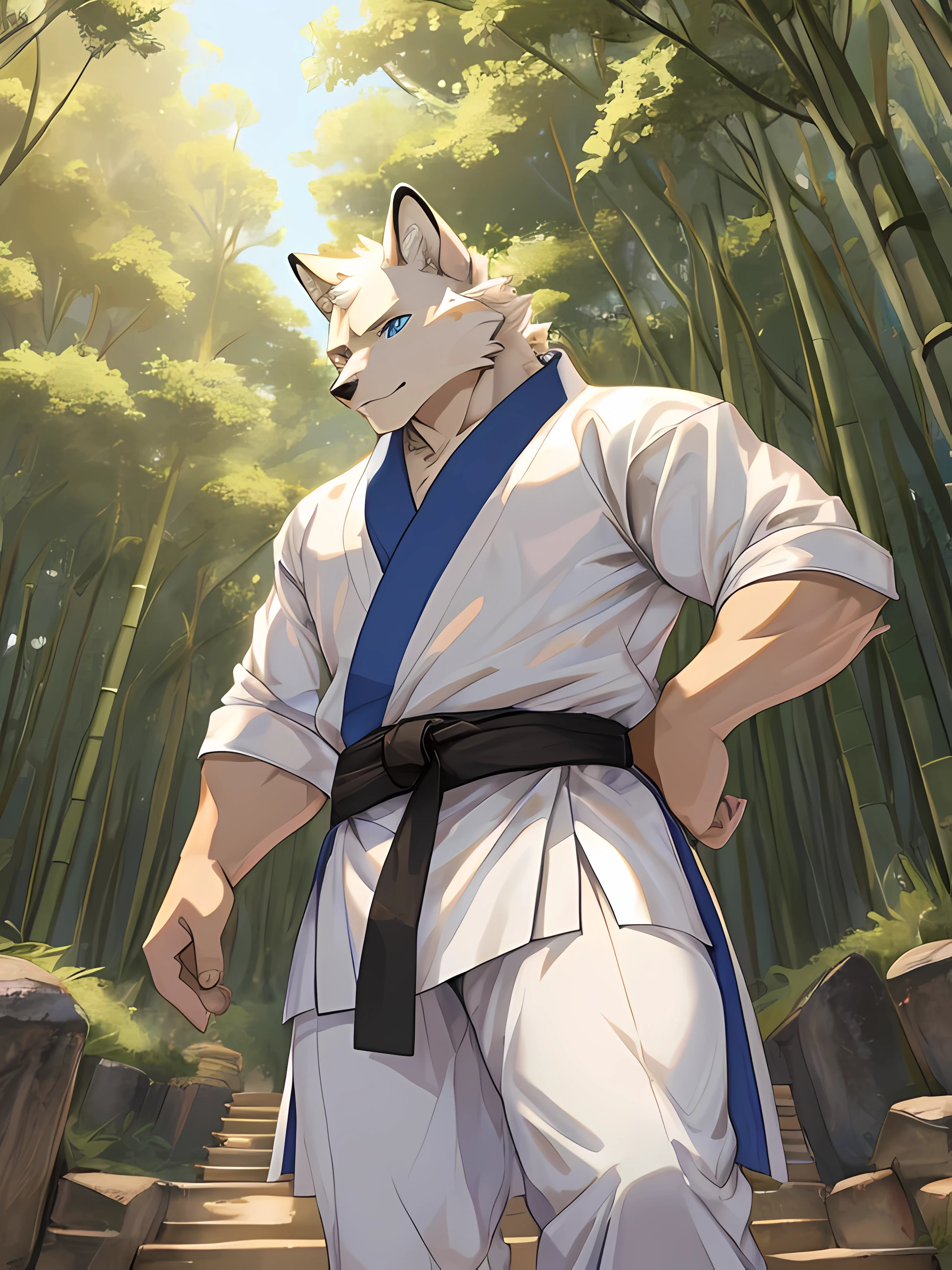 arctic fox,light blue eyes,Realistic eye detail,Have well-proportioned muscles,Wear a karate uniform,Practicing karate under the bamboo tree,Evening