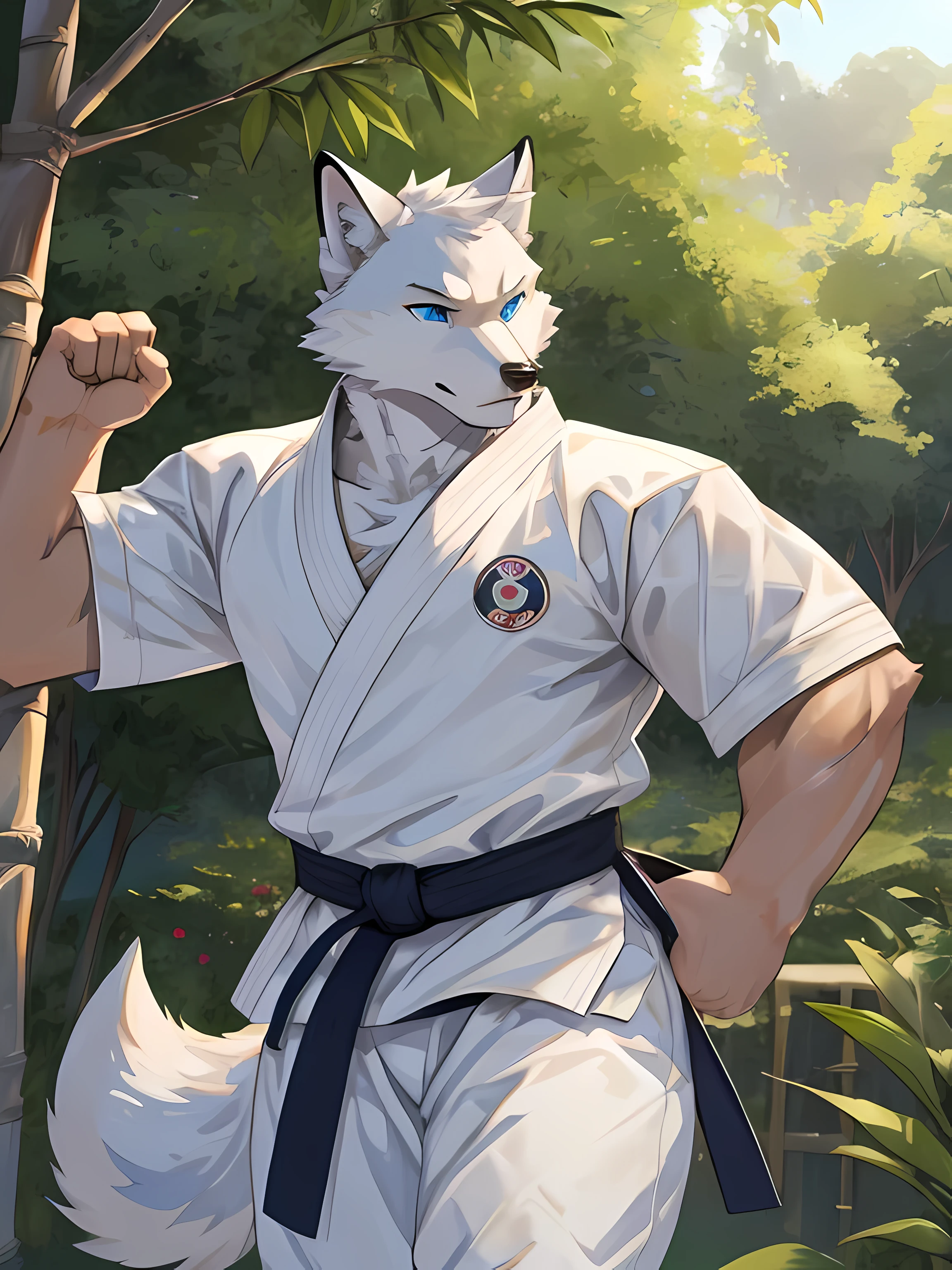 arctic fox,light blue eyes,Realistic eye detail,Have well-proportioned muscles,Wear a karate uniform,Practicing karate under the bamboo tree,Evening