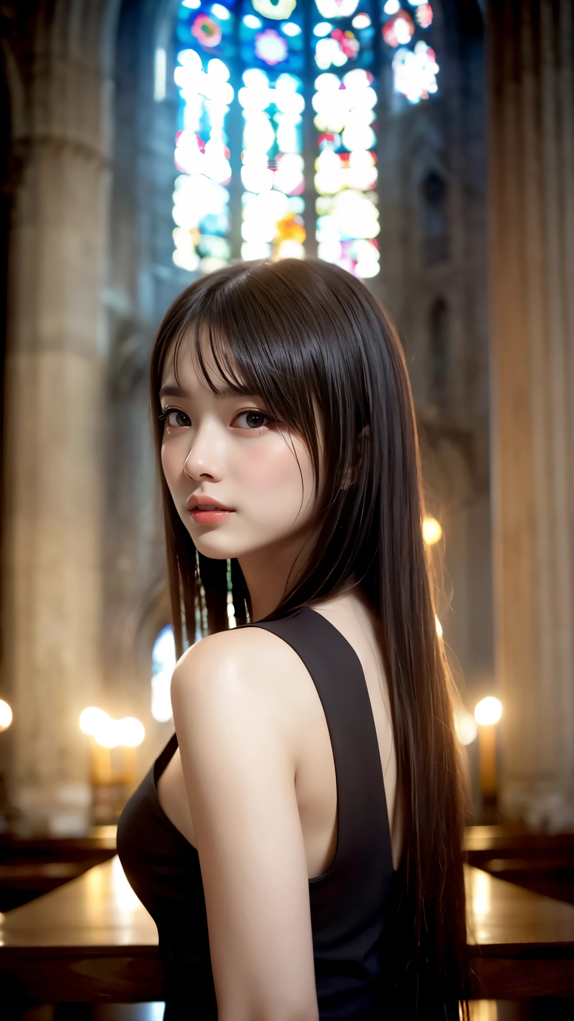 (8k, RAW photo, best quality, masterpiece:1.2), (realistic, photo-realistic:1.37), ultra-detailed, (high detailed skin:1.2), 8k soft lighting, high quality, film grain, Fujifilm XT3, professional lighting, photon mapping, physically-based rendering photo of 20 years woman, Super beautiful detailed face, Super beautiful detailed eyes, black symmetric eyes, (Slender body:1.2), break, (muted colors:1.4), (faded photo:1.3), polaroid photo, (film grain:1.3), depth of field, (bokeh:1.1), (light and shadow:1.1), break, dark brown hair, semi-long hair, (Fine face:1.2), make-up, glossy lips, (shiny skin), Highly detailed skin texture, glowing skin, ((extremely The background is the interior of a deserted Gothic church)), 膝から上の写真, back shot