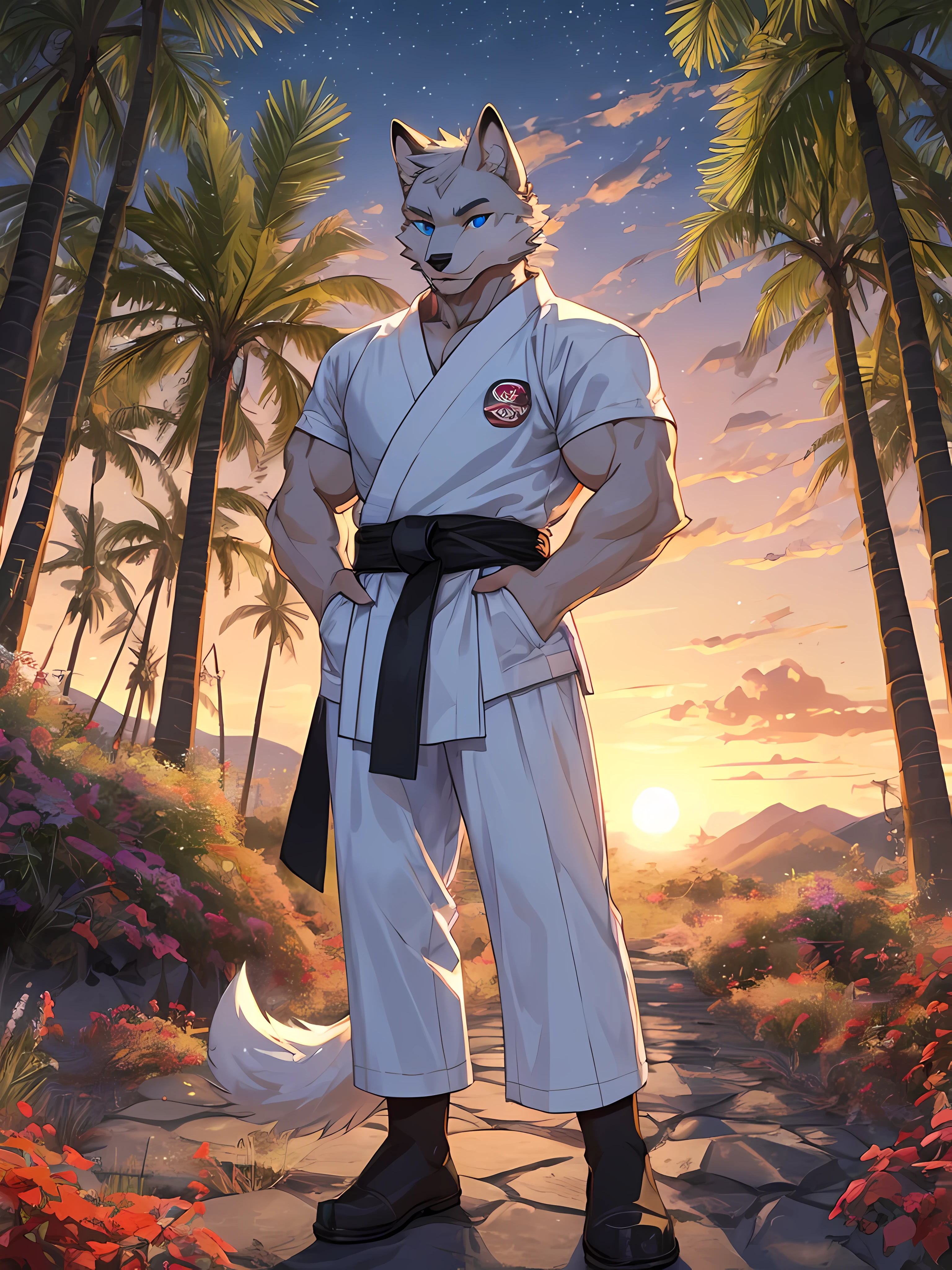 arctic fox,light blue eyes,Realistic eye detail,Have well-proportioned muscles,Wear a karate uniform,Practicing karate under the bamboo tree,Sweat stains all over the body 1.5,Evening,beautiful sunset