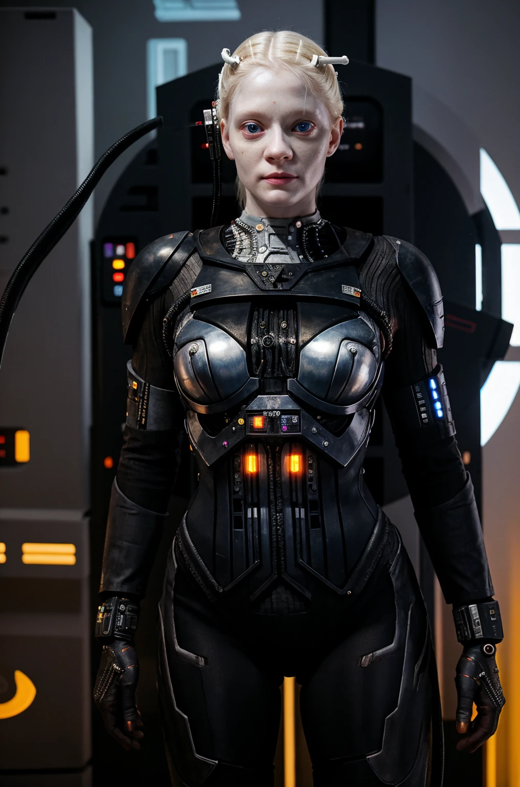 borg woman casey, (cable:1.4), 

[(pale white:.1) (Natural:1) (skin:1.3)::8]
[[(Natural:1.1) (pale white:.9) (skin:1.3):8]::16]
[(Natural:1) (pale white:1.3) (skin:1.3):16]
 [(with:.01) (beauty_marks:.01):6], 

[bald:(long light blonde hair:1.2):12], [(blue eyes:1):4], [albino Nordic:8],

(medium shot:1.4), sexy (cyborg:.05) (cybernetic:.1) (implants:.1), (cyborg:.1) (cybernetic:1.1) (bikini:1), [(busty:.8):1], 

young,   front light, well lit, fit, [outdoors:space station base:6], led lights, laser lights, detailed skin,  photograph, detailed, high resolution, RAW photo, in frame, 

[BREAK:8] 
[(many beauty_marks and:.01) (many light moles on her skin:1.3):8], 

[BREAK (light brown moles:.1):12]