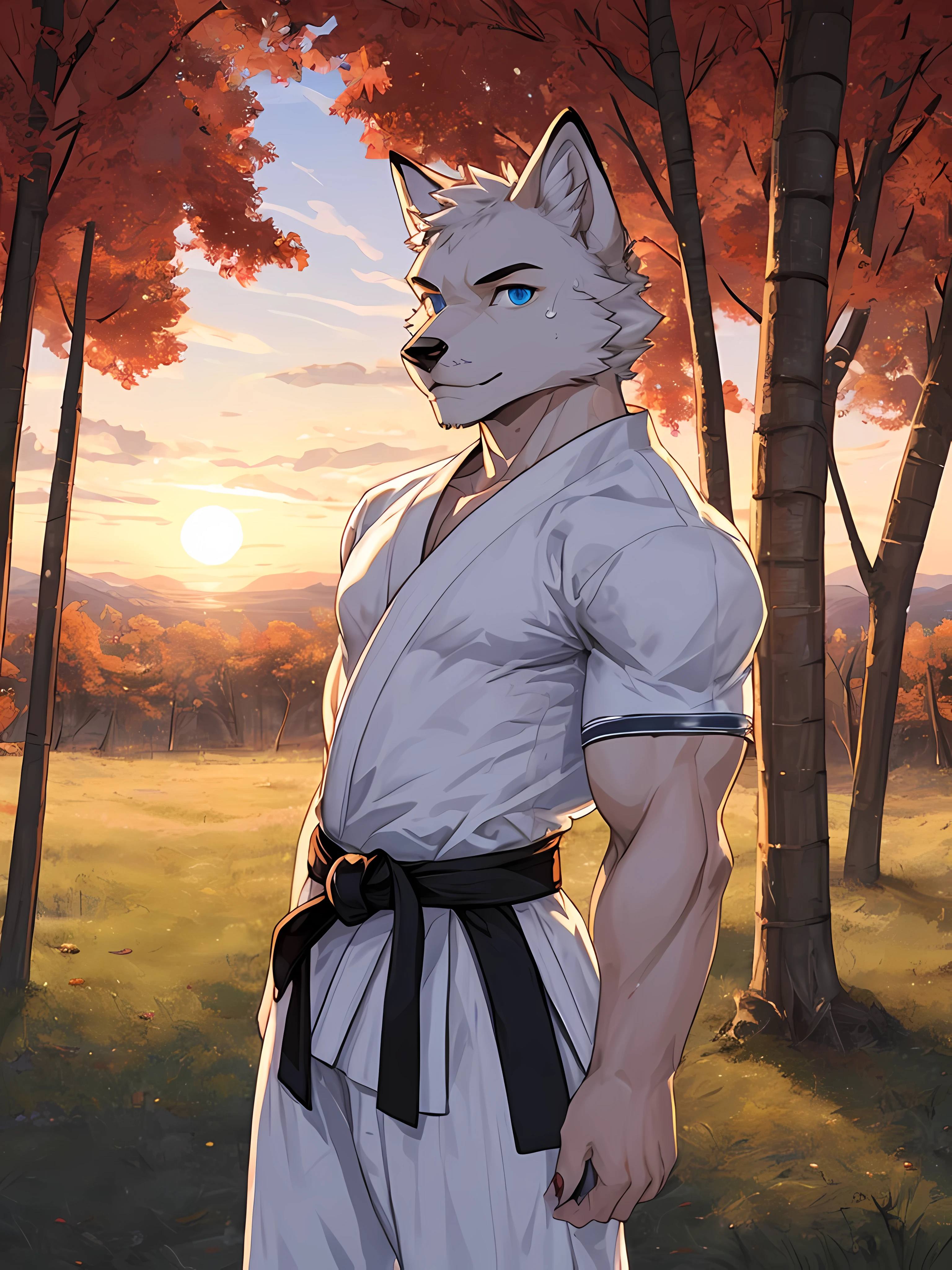 arctic fox,light blue eyes,Realistic eye detail,Have well-proportioned muscles,Wear a karate uniform,Practicing karate under the bamboo tree,Sweat stains all over the body 1.5,Evening,beautiful sunset