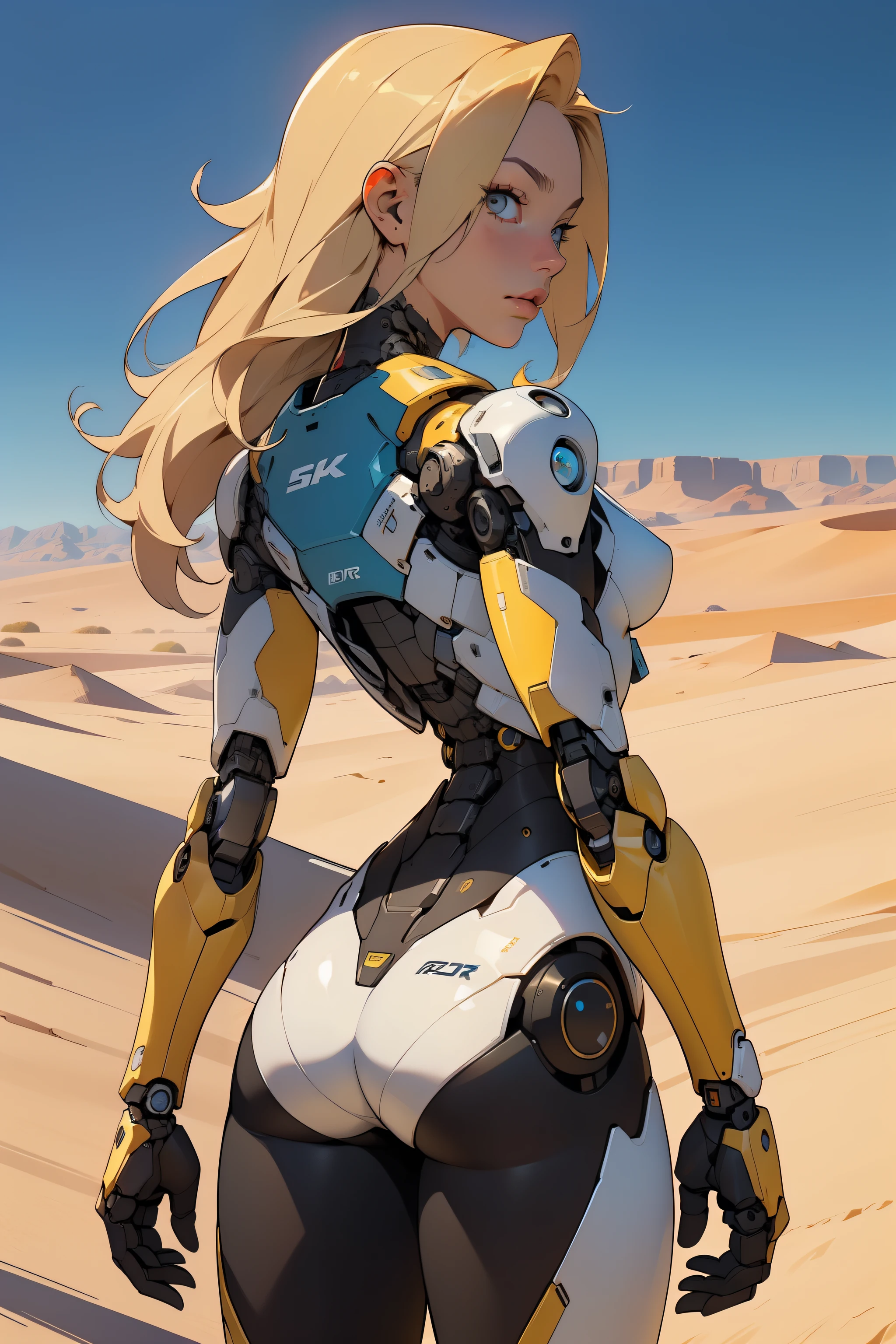 high quality, 4k, masterpiece, beautiful, cyborg girl, cowboy shot, dull eyes, back side, turning around to look at viewer, long blonde hair, girl, small breasts, fit thigh, robotic arms, robotic body, cyborg body, yellow accent, redaccent, intricate detail, joint, detailed lines, robotic detail, holding fist up, holding hand up as fist, color robotic parts, robotic parts with color, perfect fingers, on a desert planet, sunny background, colorful desert,