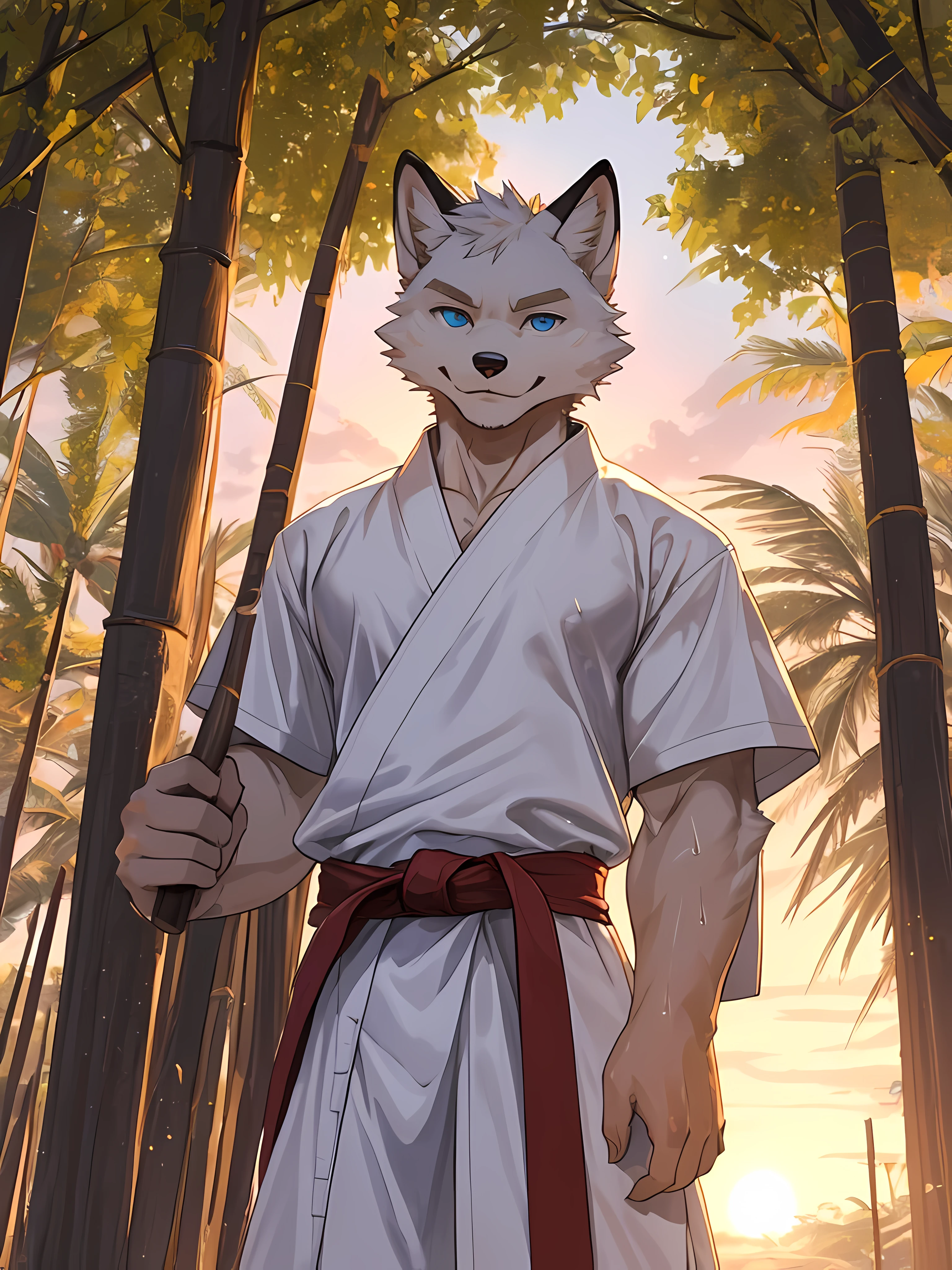 arctic fox,light blue eyes,Realistic eye detail,Have well-proportioned muscles,Wear a karate uniform,Practicing karate under the bamboo tree,Shirt soaked with sweat1.5,Evening,beautiful sunset