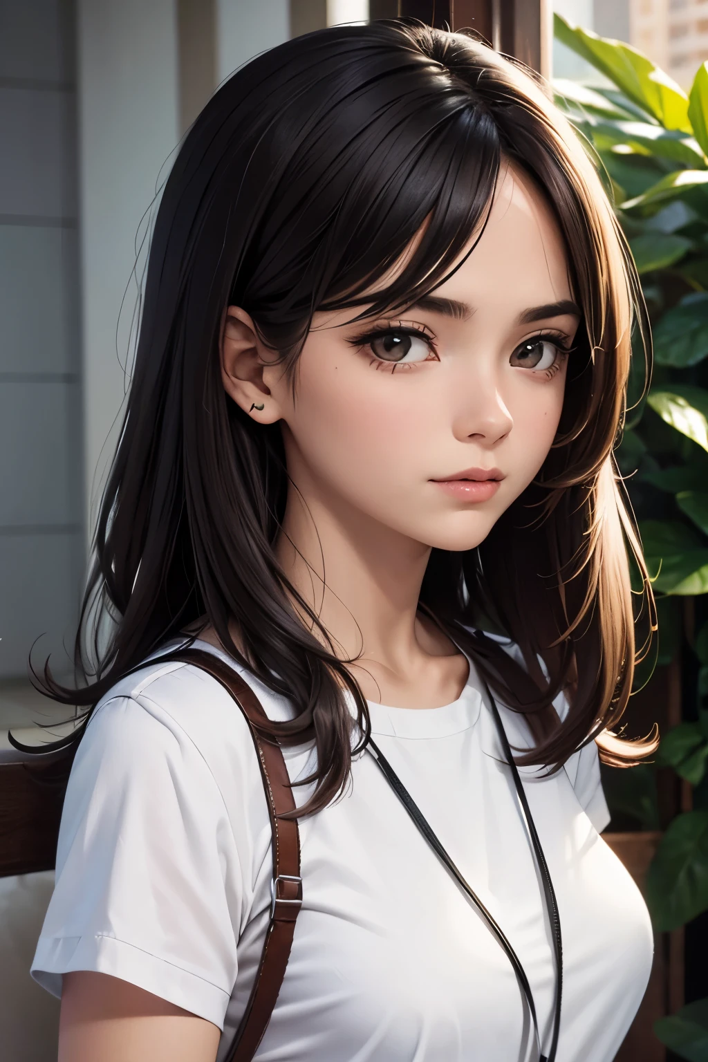 best quality, 4k, 8k, highres, masterpiece:1.2), ultra-detailed, (realistic, photorealistic, photo-realistic:1.37), playful, cartoon, student (girl), school bag, very surprised, white t shirt, outdoor, 3d rendering, beautiful detailed eyes, beautiful detailed lips, extremely detailed eyes and face, longeyelashes, colourful, soft lighting, lovely house, lively atmosphere