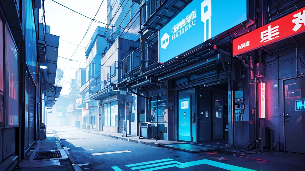 military facility, cyberpunk, blue neon, cipher
