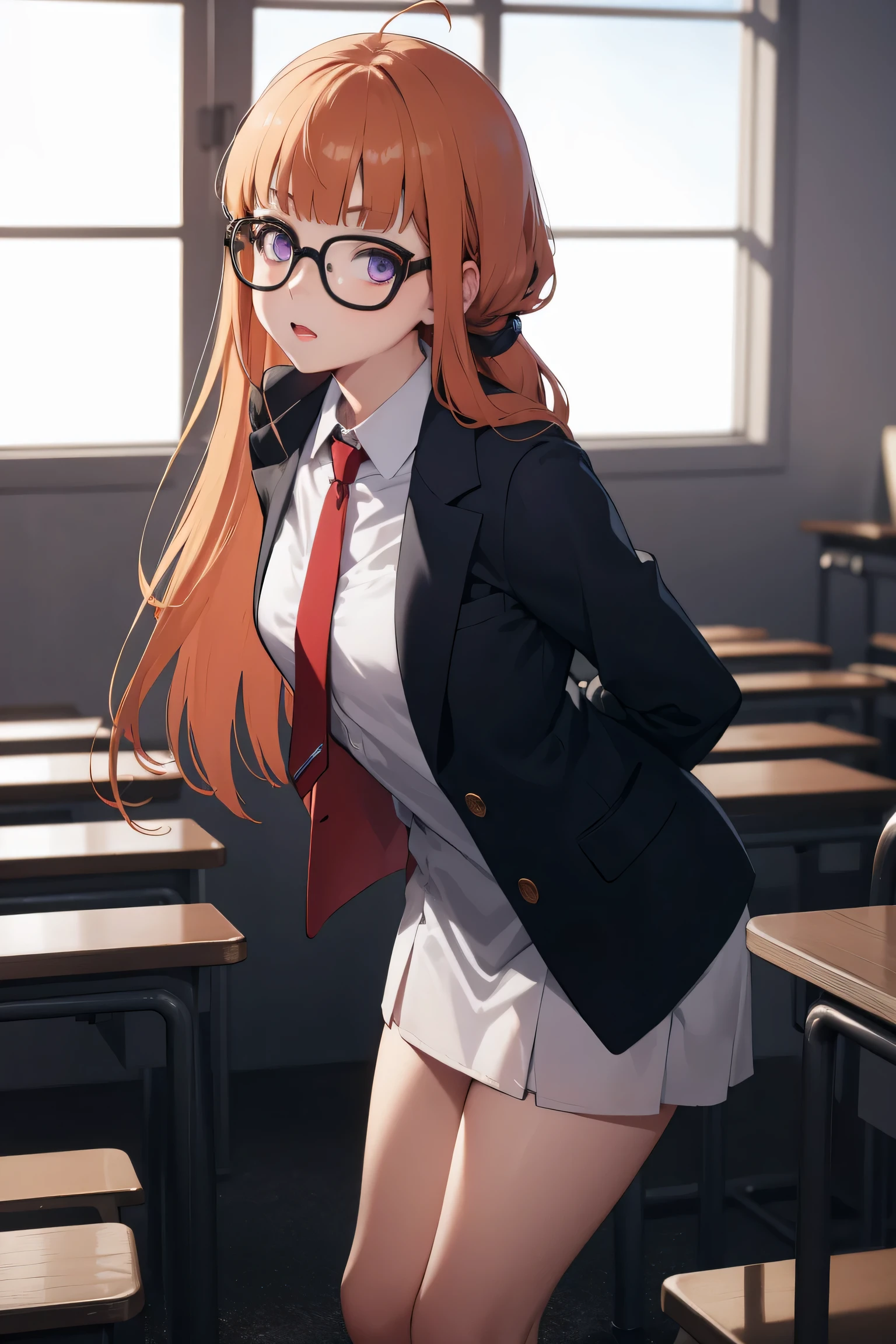 futabasakura, futaba sakura, orange hair, glasses, long hair, (purple eyes:1.1), ahoge,
BREAK blue jacket and red tie and white shirt and red and white shirt,
BREAK looking at viewer,standing, leaning forward, arms behind back,
BREAK indoors, classroom,
BREAK (masterpiece:1.2), best quality, high resolution, unity 8k wallpaper, (illustration:0.8), (beautiful detailed eyes:1.6), extremely detailed face, perfect lighting, extremely detailed CG, (perfect hands, perfect anatomy),