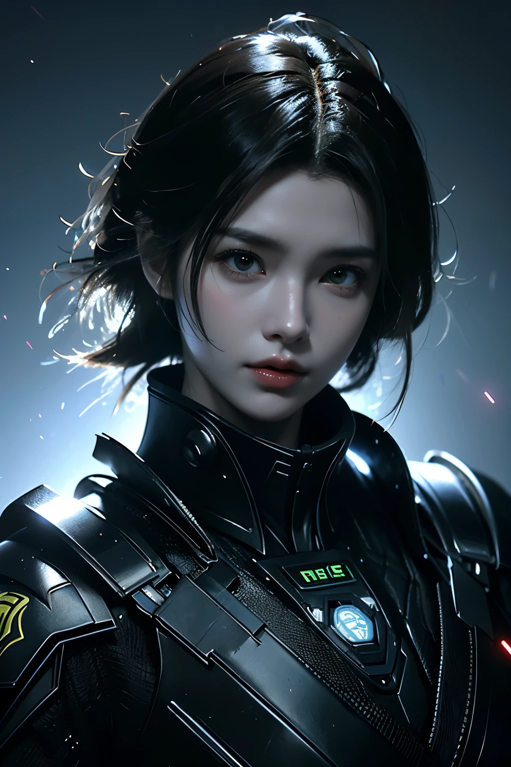 Game art，The best picture quality，Highest resolution，8K，((A bust photograph))，((Portrait))，(Rule of thirds)，Unreal Engine 5 rendering works， (The Girl of the Future)，(Female Warrior)， 22岁少女，(Female hackers)，(White short hair，Long hair casual)，(A beautiful eye full of detail)，(Big breasts)，(Eye shadow)，优雅迷人，冷漠，((惊讶))，(Battle wear full of futuristic tech，Clothing combines futuristic power armor and police uniforms，The garments are adorned with glittering patterns and badges)，赛博朋克人物，未来风格， 拍照姿势，城市背景，Movie lights，Ray tracing，Game CG，((3D Unreal Engine))，oc渲染反射纹