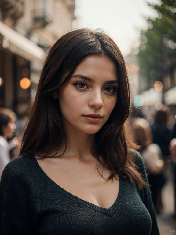 1 femme, cheveux brun, yeux brun, lèvres pulpeuses, yeux rond, jupe noir, chandail vert kaki, résolution nette, focus sur le visage, masterpiece, bokeh in the background
