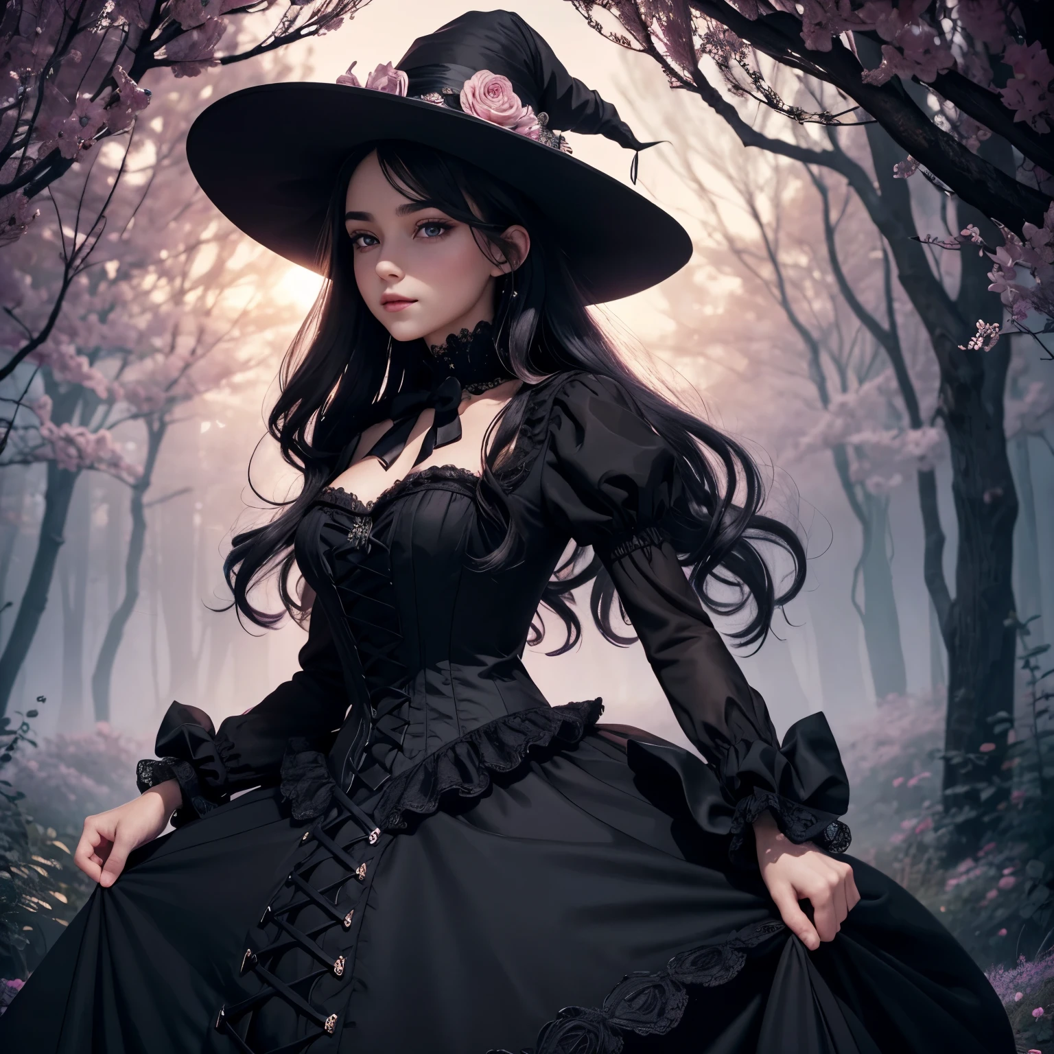 (best quality,4k,highres),age boy magically transformed into a cute witch girl,pink eyes,long black hair,happy,effeminate face,beautiful detailed eyes,beautiful detailed lips,extremely detailed eyes and face,long eyelashes,1girl 
[magic transformation],pointy hat,vivid colors,ultra-detailed,sharp focus,professional,dressed in a stunning black Victorian dress,studio lighting,physically-based rendering,gorgeous dress design,flowing gown,elaborate lace details,rich textures,contrast stitching,delicate ribbon bows,floral accents,full skirt,high neckline,long sleeves,fitted waistline,flared cuffs,lace-up back,luxurious fabrics,flawless silhouette,magical aura,enchanting,expressive eyes,feminine gesture,delicate touch,fairytale atmosphere,ethereal beauty,whimsical background scenery,enchanted forest,glowing moonlight,mystical elements,sparkling stars,soft color palette,pastel shades,dreamy ambiance, magic sparkles.