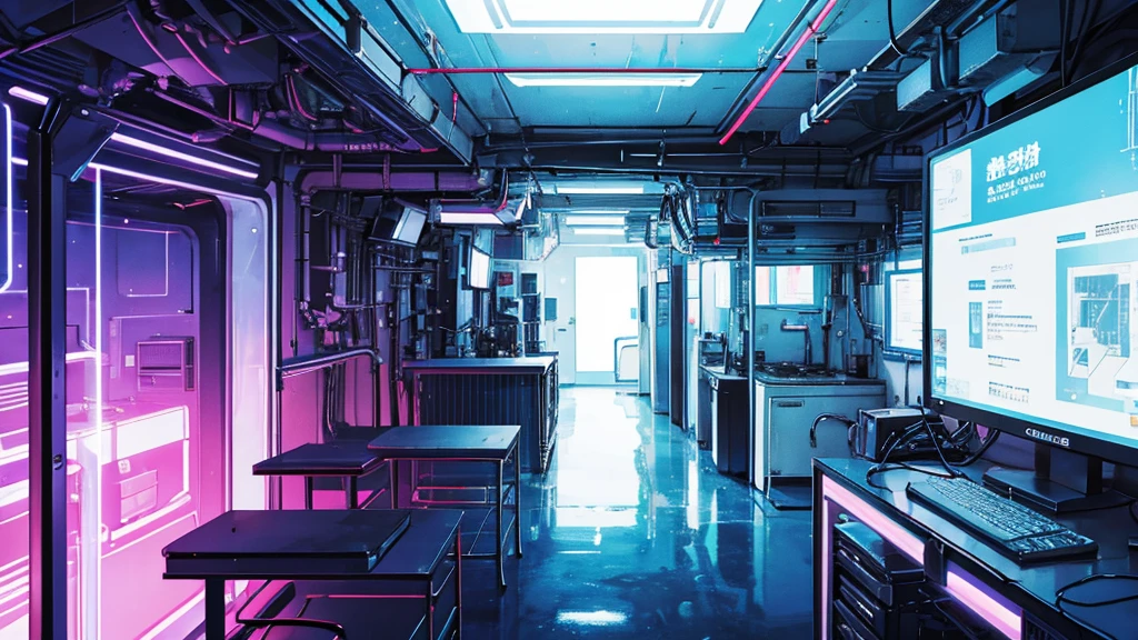 Inside a cyberpunk military facility, blue neon, cipher
