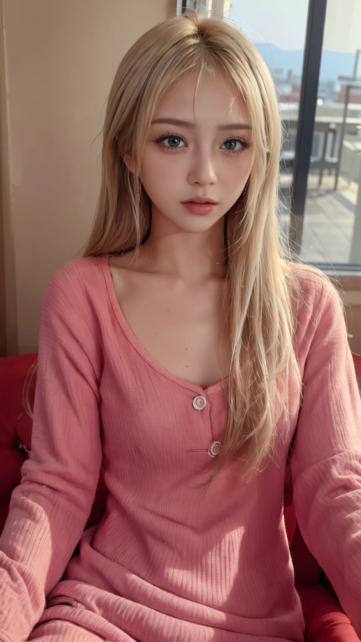 In pajamas,blonde,((highest quality、8K、masterpiece:1.3))、sharp focus:1.2、beautiful woman with perfect body:1.4、wet body:1.1、Highly detailed face and skin texture、  detailed eye、double eyelid、sunburnした肌、Sexy、sunburn