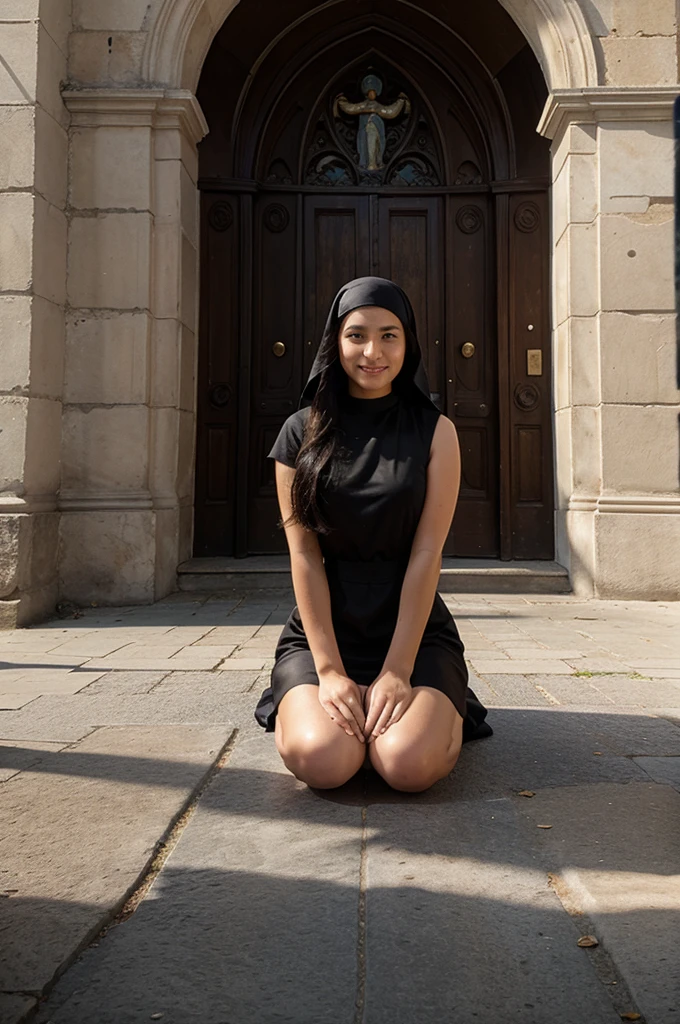nun, girl，kneeling down to pray, （background） Outside the church,panoramic，There is a statue of Maria， gradient hair, Full body front , Smile, divine light, from above, ultra high definition, masterpiece
