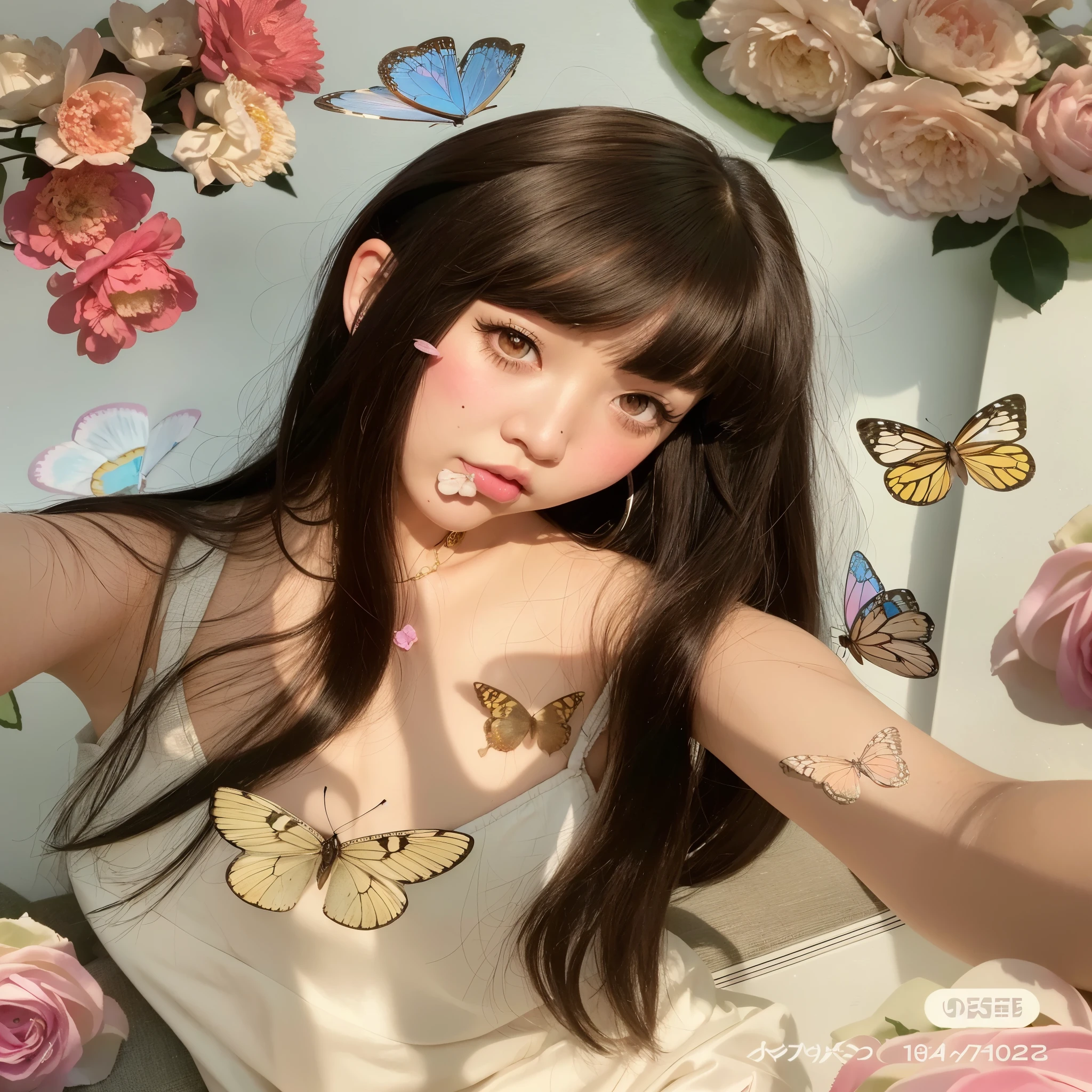 a close up of a woman with a mariposa on her nose, ulzzang, Cute aesthetics with flutter, con hermosas alas, con pelo largo y ojos penetrantes, jisoo de blackpink, mariposa, Jisoo de Blackpink, Jinyoung Shin, mariposa jewelry, dilraba dilmurat, sakimichan, hada, con hermosos ojos detallados, con alas reales