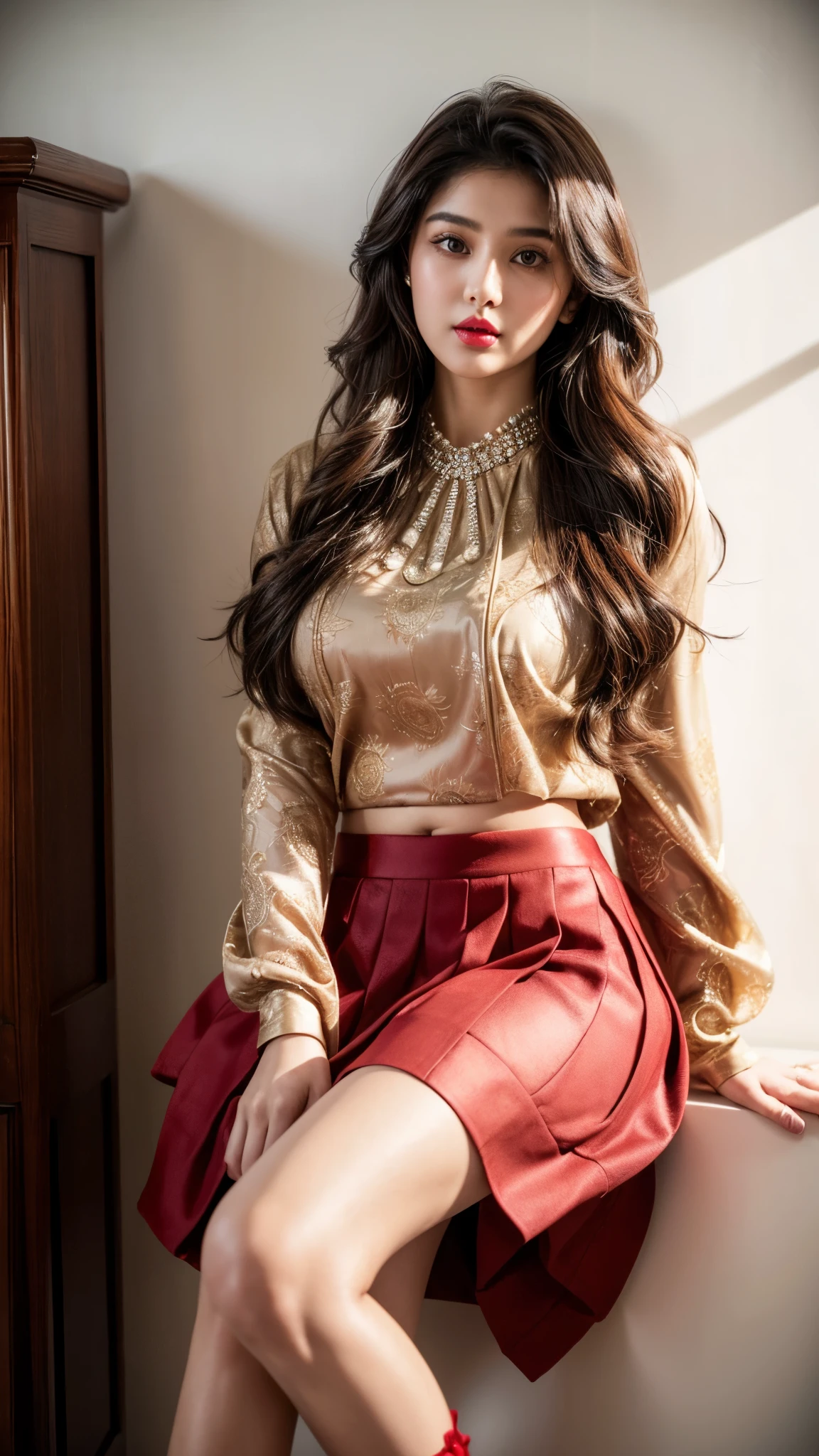 (full body shot), (Masterpiece), 1girl, solo girl, 18 year old girl, hyperrealistic, hyperdetailed, ((wide angle pose, standing position)), (((inspired by Abhirasha chubby))), sharpen, (detailed face, detailed eyes, detailed lips, red lips), beautiful face, 16k, FHD, raw photo, cute face mesh, pretty face mesh, girl in luxury office, beautiful hair style, ((fancy blouse, fancy mini skirt, realistic clothes, flared skirt, princess looking in mini skirt with laces)), intricate, extremely detailed, scattering surface, ultra realistic textures, realistic face, red lip, glow face, perfect figure, beautiful curved body, fit body, sperd legs, (fancy high heel), tied hair, fancy hair ornament, (Desi girl), a desi girl with a chubby face, She possesses a natural beauty, with smooth and radiant, ((ultra realistic face, ultra detailed face, realistic red lips, ultra realistic eyes)), beautiful Indian clothes, Indian outfits, Indian traditional,