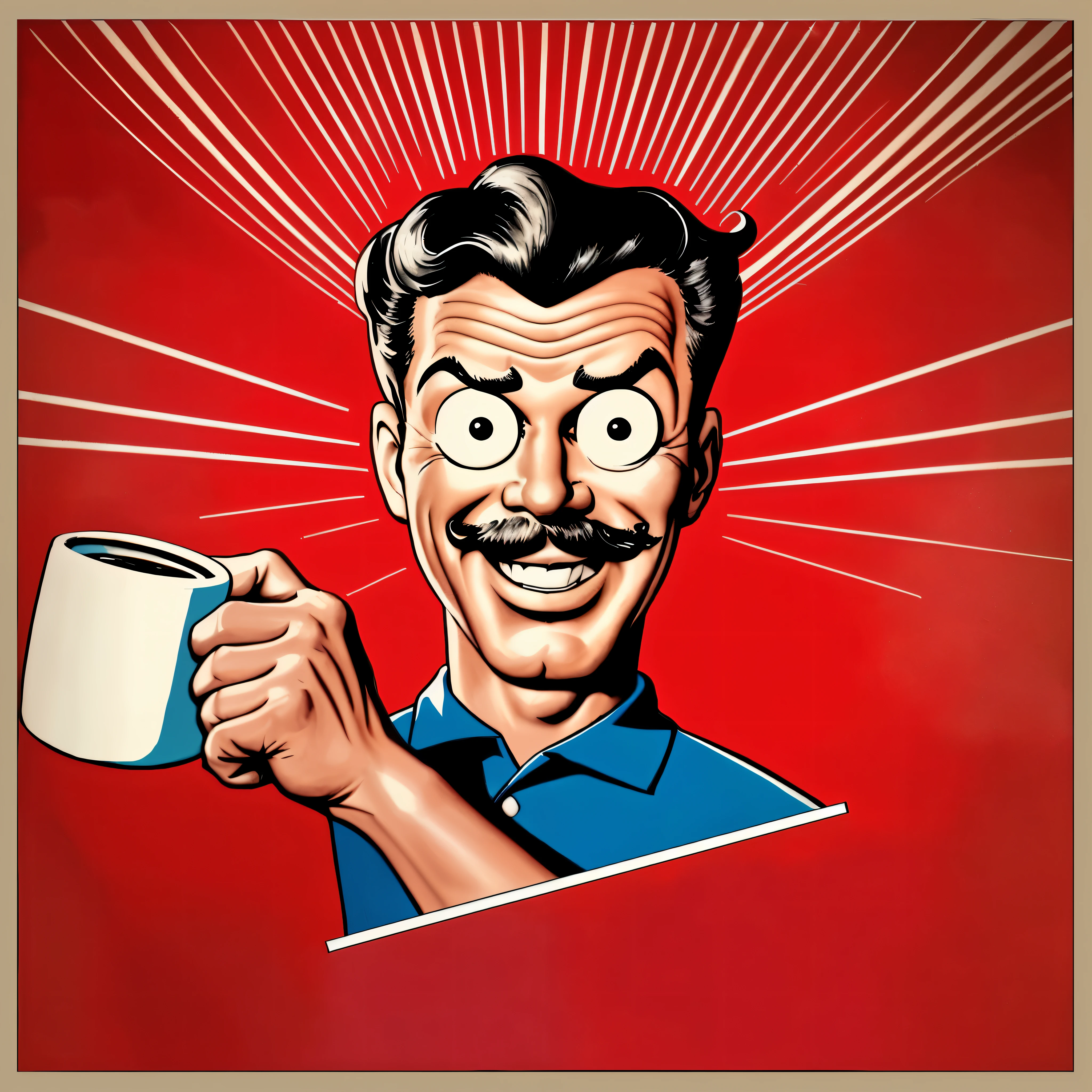 painting of a man holding a cup of coffee with a HAPPY AND ENERGIC expression on his face, breakfast portrait, H3H3, having a coffee, em um fundo vermelho, drinking coffee, having a cup of coffee, drink more coffee, cartoonish and simplistic retro vintage anuncios antigos, barba tipo cavanhaque com bigode, No hat, smoke no coffee, detailed hand, dentes detalhados, terno de roupas realista e detalhado, hair back elvis style, smoke coming out of coffee cup, smoking in a cup of coffee, STEAM IN A CUP OF COFFEE