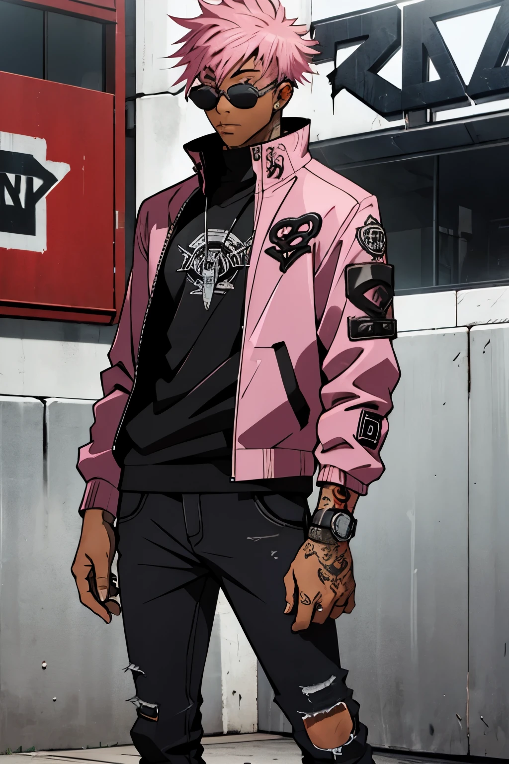 Black young man, punk clothes, cool sun glasses, punk hair, black hair, pink hair, piercings, tattoo