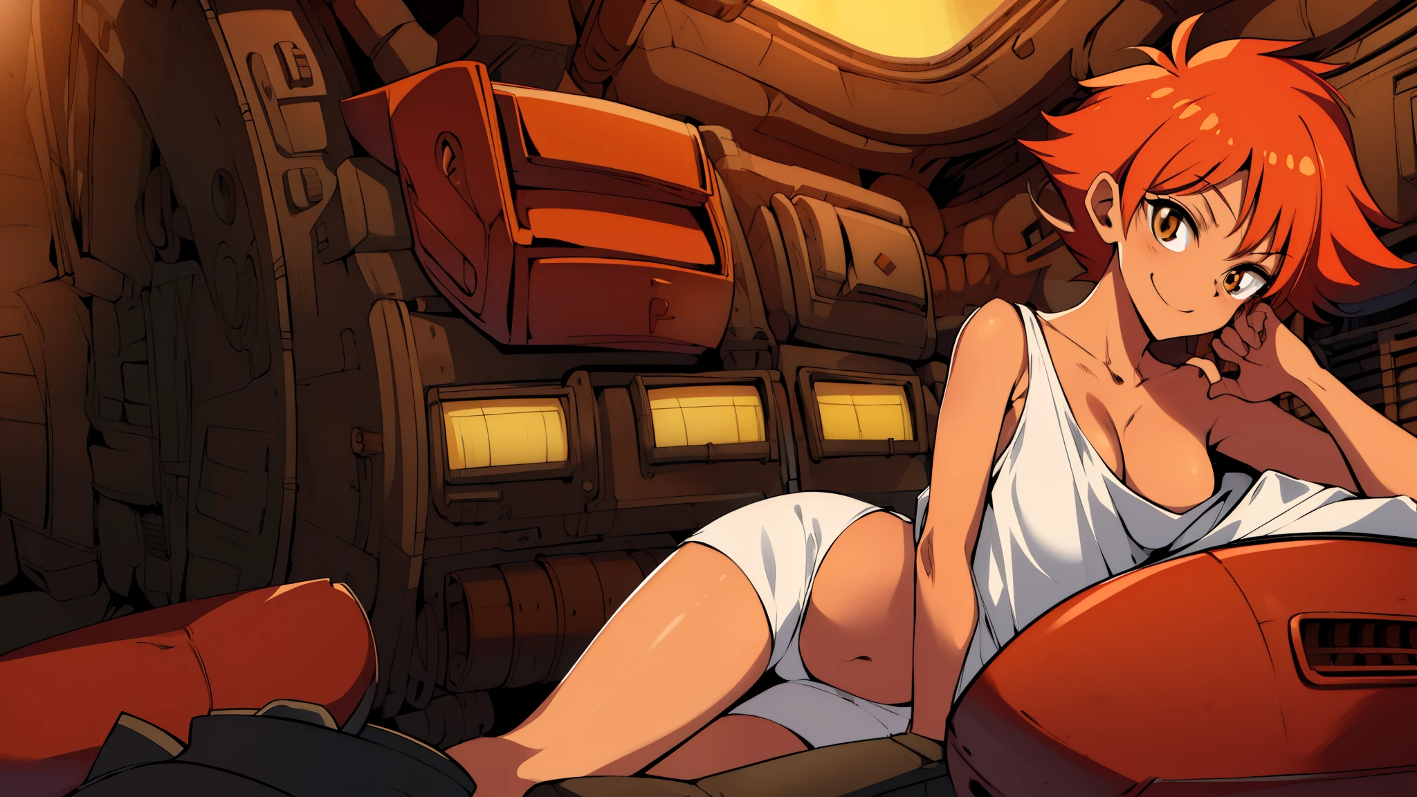 Edward,midriff,orange hair,white shirt,off shoulder,collarbone,tan skin, black bike shorts,goggles, brown eyes, space station,engine room, upper body,sitting, (((lotus position)))smiling, bedroom eyes, breasts, cleavage (insanely detailed, beautiful detailed face, masterpiece, best quality),