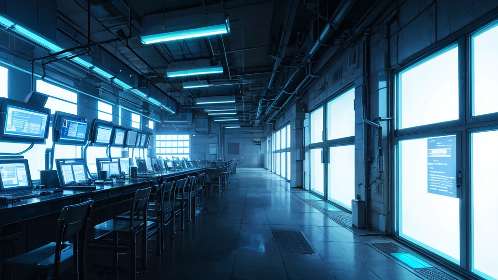 inside a cyberpunk military facility, blue neon, cipher