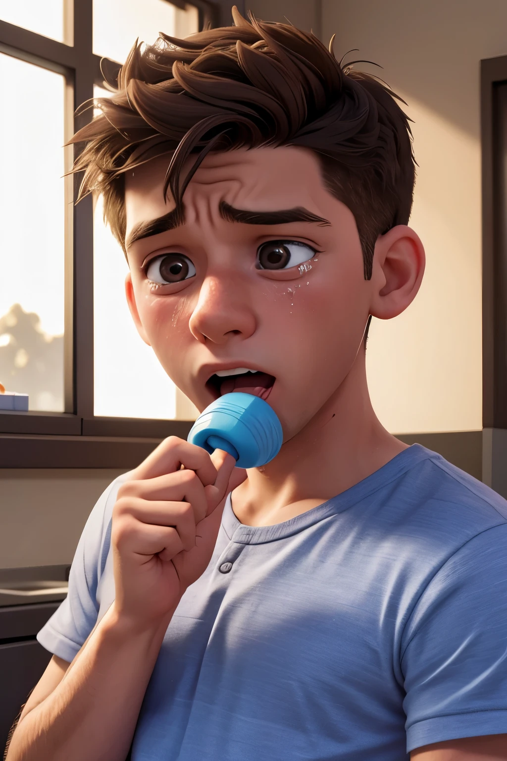 young adult man crying like a child, adult man with a baby pacifier in his mouth, 4k ultra realistic