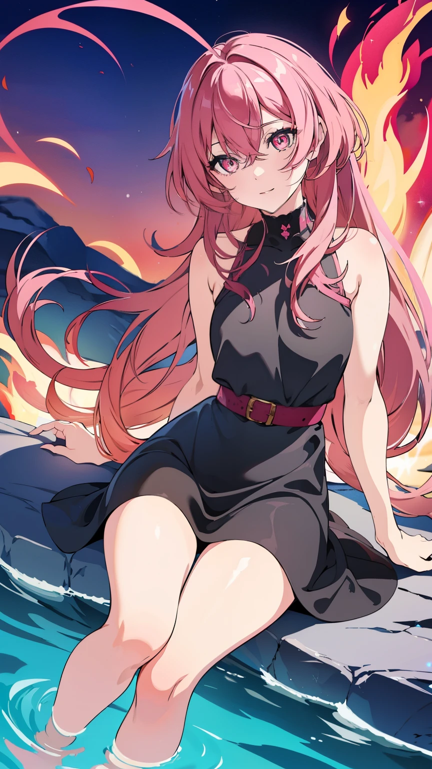 (high-quality, breathtaking),(expressive eyes, perfect face) anime girl with pink hair and black dress sitting on a rock, small pool of water around rocks, vibrant fan art, loish art style, her hair is made out of fire, loish, colorful and dark, inspired by INO, neon and dark, inspired by loish, speedpaint, glowing hair, pink eyes, long hair length, happy expression, nymph of passion, magic flowing hair, sparkles in the air, magic water, glowing water
