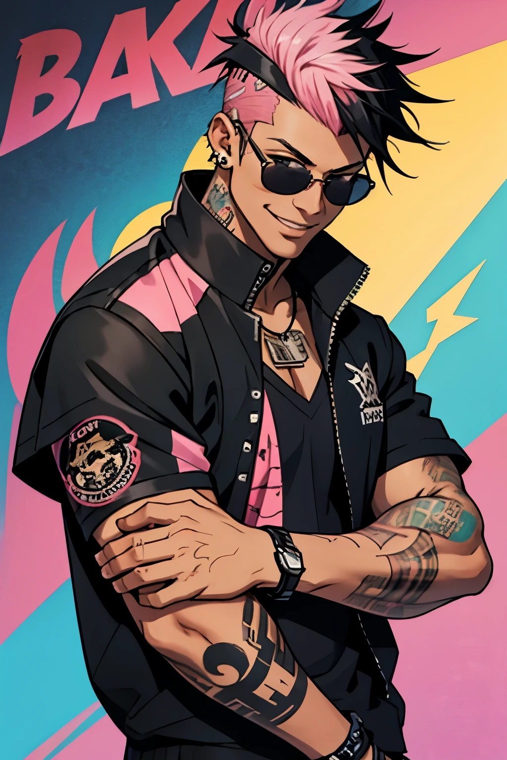 Black young man, punk clothes, cool sun glasses, punk hair, black hair, pink hair, piercings, tattoo, smile