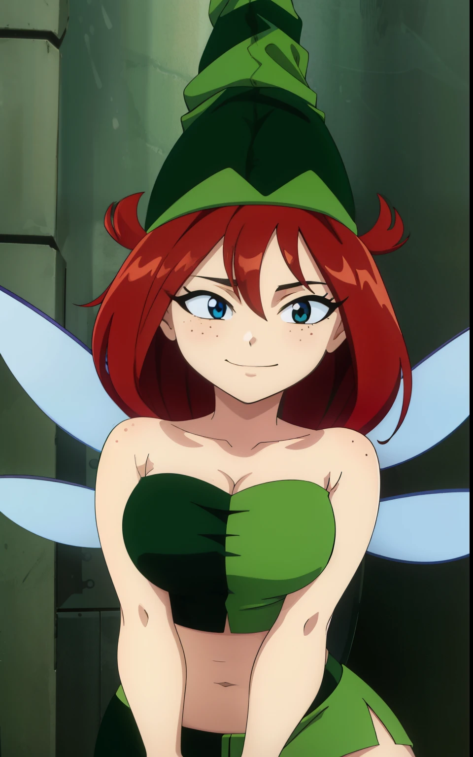  upper body,  looking at viewer, (insanely detailed, beautiful detailed face,beautiful detailed eyes, masterpiece, best quality), freckles, betilla,shortstackbt, fairy, long hair, short female,green tube top, curvy, ,smile, midriff, green hat, wings, evangelion anime style, anime screencap, 1990s_\(style\)
