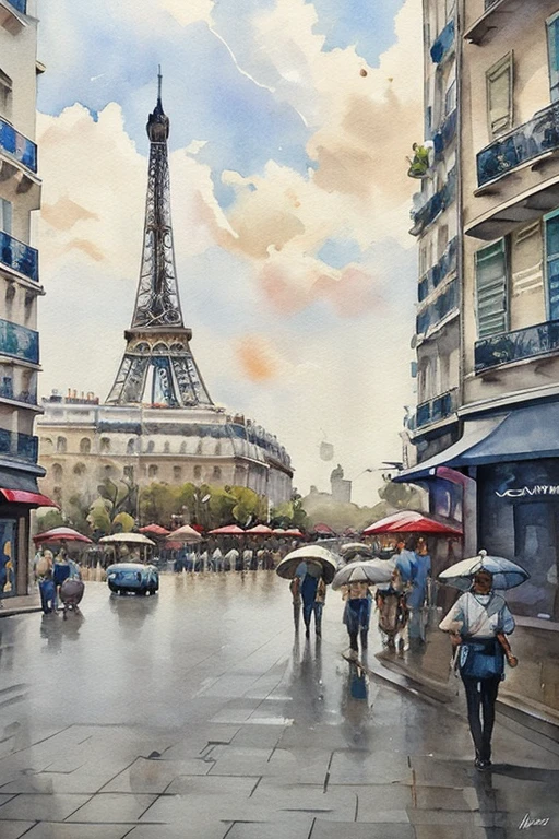 White and black illustration of a city with busy streets, View of the Eiffel Tower, In modern collage style, (( Paris )), Street Cafe, people, , album cover, fluid, very detailed, masterpiece of watercolor painting, Relief, very detailed.