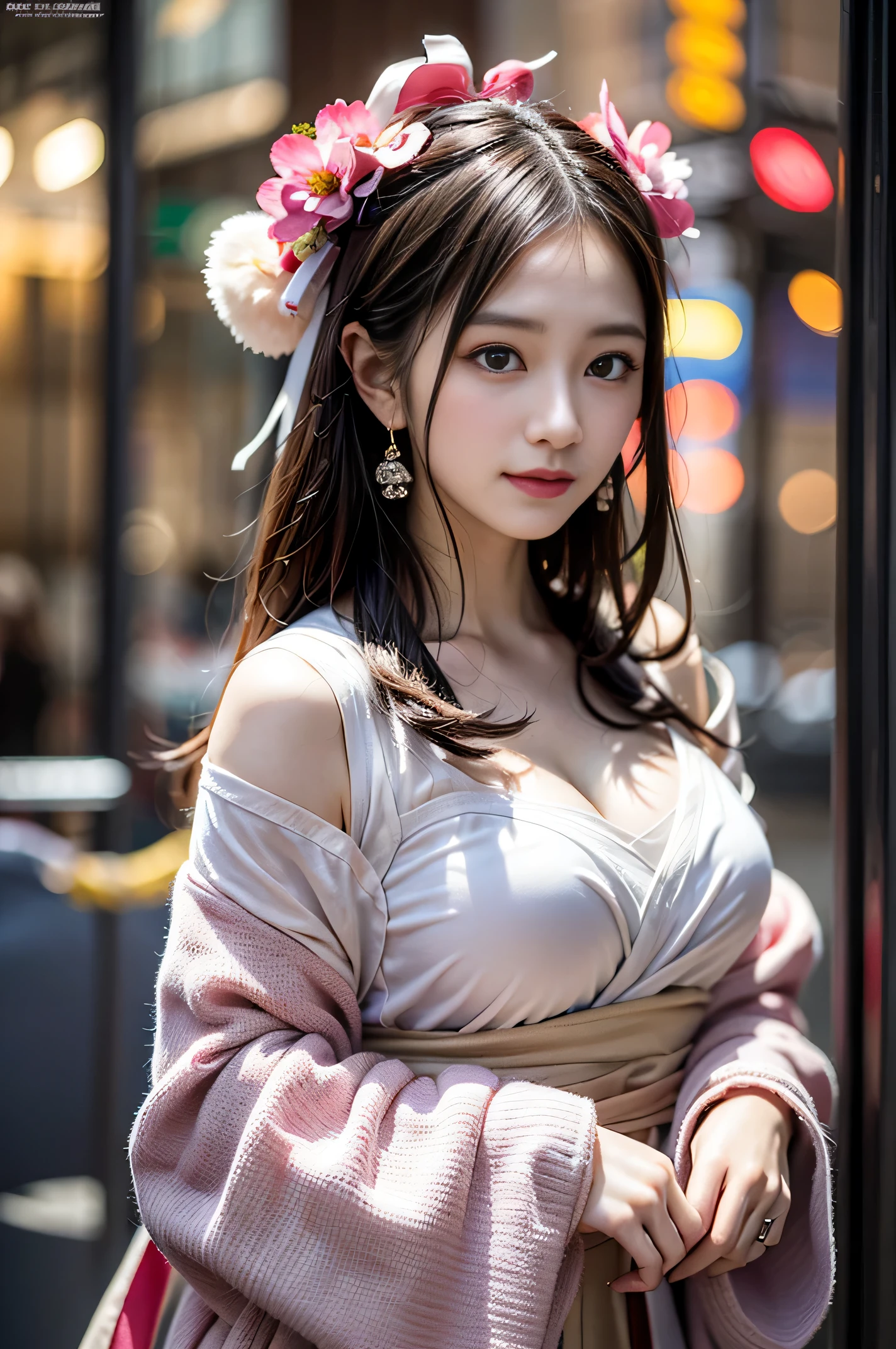 best quality, super detailed,ultra high resolution, 8k wallpaper, perfect composition, beautiful eyes, Natural lip color,dignified and,Smile、looking at camera、A 20-year-old girl、Leaning against the window,perfect face,Looks a lot like actor Zhang Ziyi,Chinese classical temperament beauty,exquisite antique earrings,electronic breast,split,Wearing pink Hanfu,(Extremely delicate1.1), (perfect details: 1.1),masterpiece,Wear peach blossom jewelry,Fragrant shoulders,clavicle