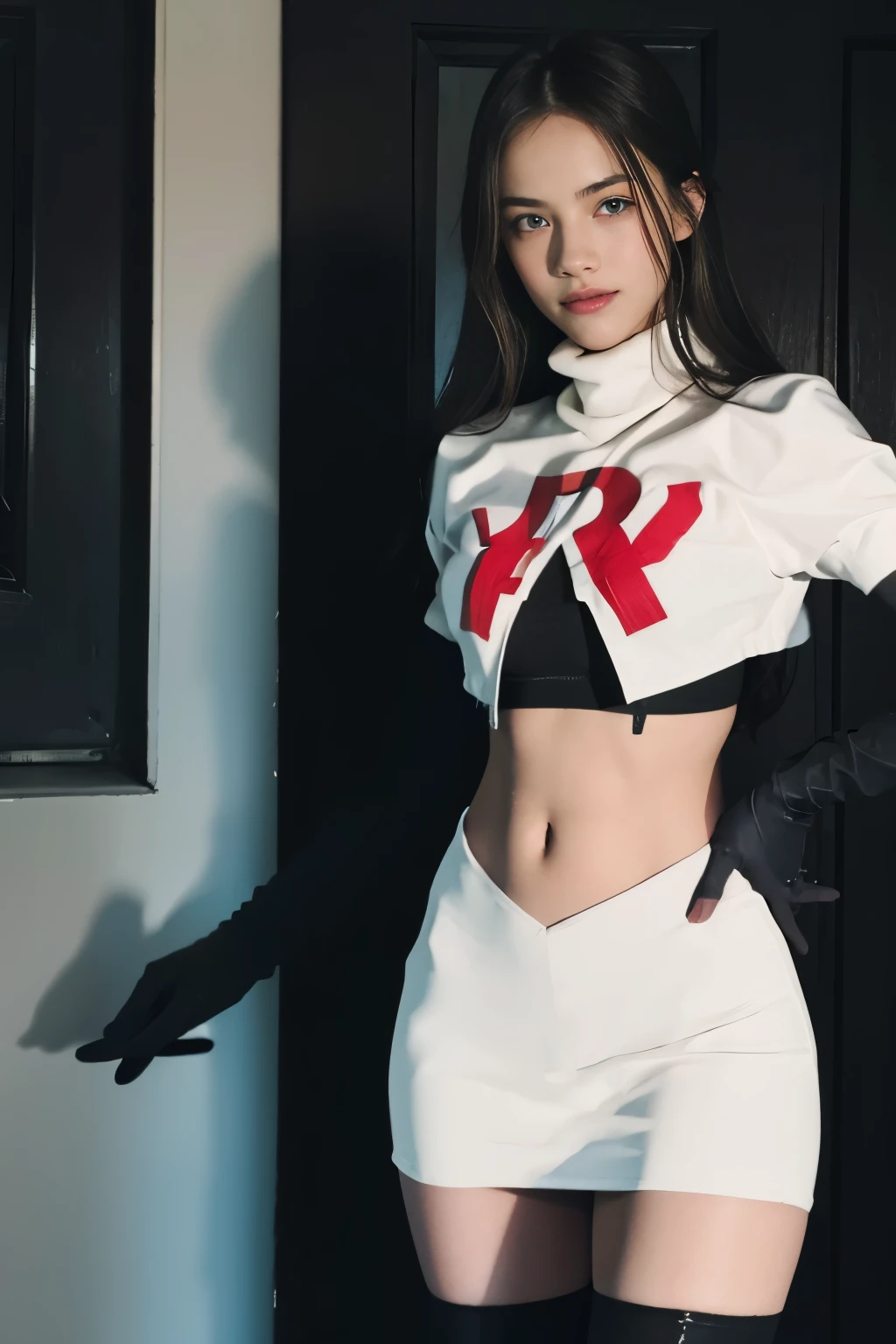 "1girl,photo of momo, brown hair,best quality, team rocket,team rocket uniform, red letter R, white skirt,white crop top,black thigh-highs, black elbow gloves,(detailed face:1.4), (looking at viewer:1.4), shiny skin, smile, city at night background ,(full body:1)