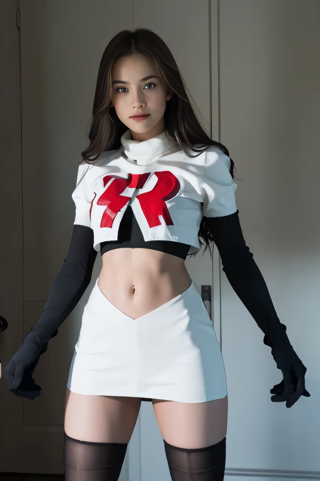 epic realistic, kristinapimenova,  18yo women wearing wearing team rocket,team rocket uniform,white skirt,red letter R,crop top,black thigh-highs,black elbow gloves,