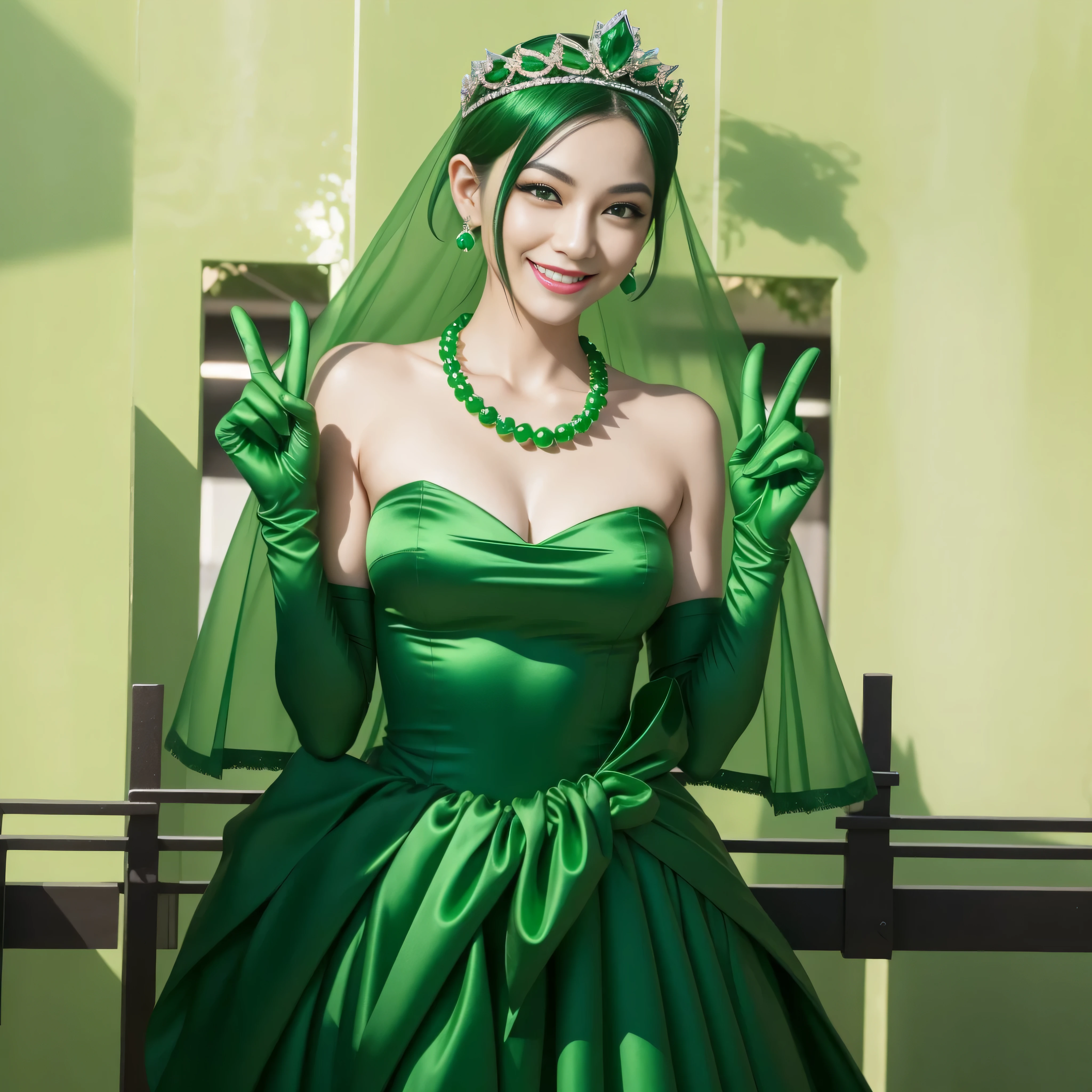 emerald tiara, green pearl necklace, boyish very short green hair, lipstick, smiling Japanese woman, very short hair, big breasts beautiful, green eyes, Long green satin gloves, green eyes, V sign, emerald earrings, green veil