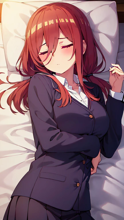 masterpiece, best quality, high resolution, 
(sleeping girl and cat), Lying on bed,1cat, fetal position, closed_eyes, 
school uniform, ミニスカート,白いパンティー,
top view, bed_sheet,add_detail:1,パンティー見えてる,