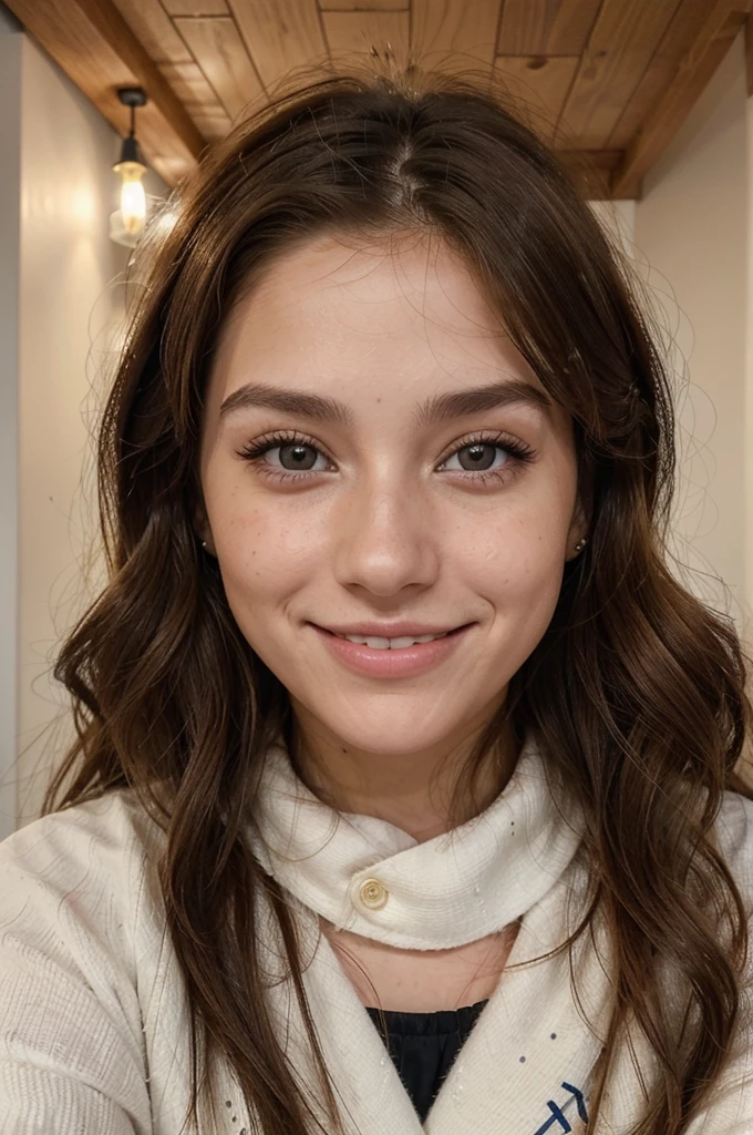 mujer un poco palida, influencer, con pecas, wavy brown hair, ojos almendrados estilo fox eye color miel, 22 year old woman with thin face and dimples, sonriente y coqueta, mujer bella, europea, abrigada, en la nieve