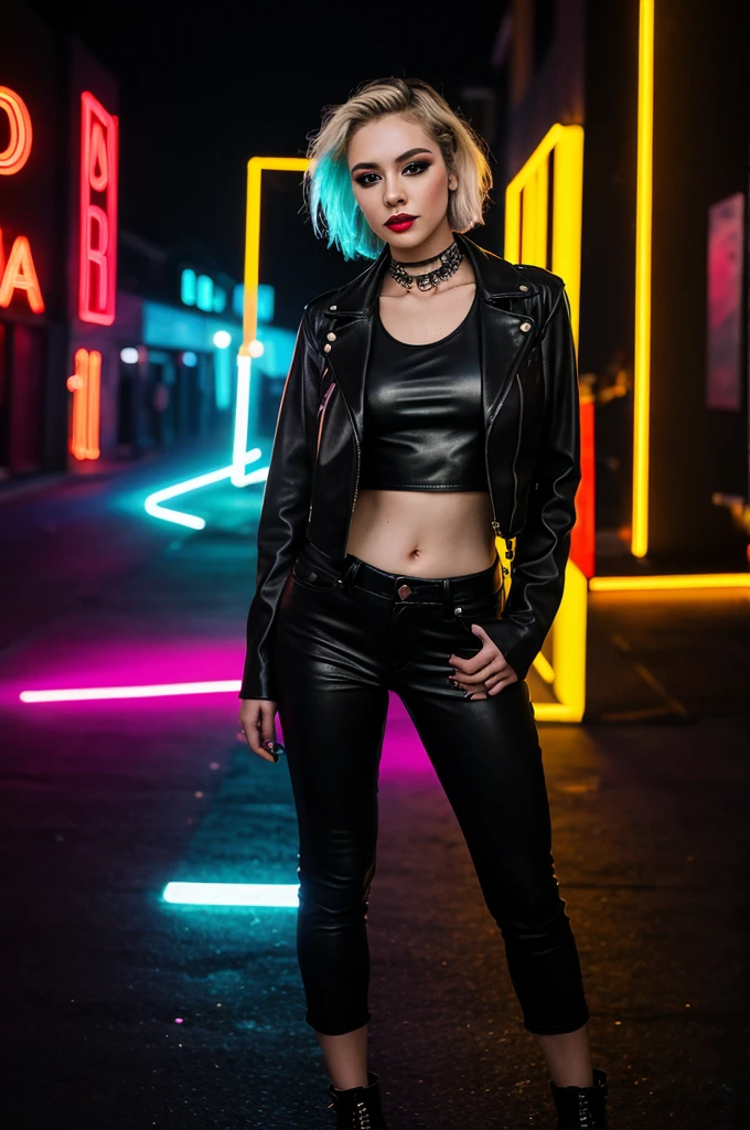 realistic, ((top-quality)), ((​masterpiece:1.3)), Crisp focus:1.2, blonde short hair, punk woman wearing a leather jacket with a crop top posing for a photo in a club at night, night club lights, full body shot, black make-up, techno aesthetic, techno cyberpunk fashion, neon lights, ultra detailed, masterpiece, 