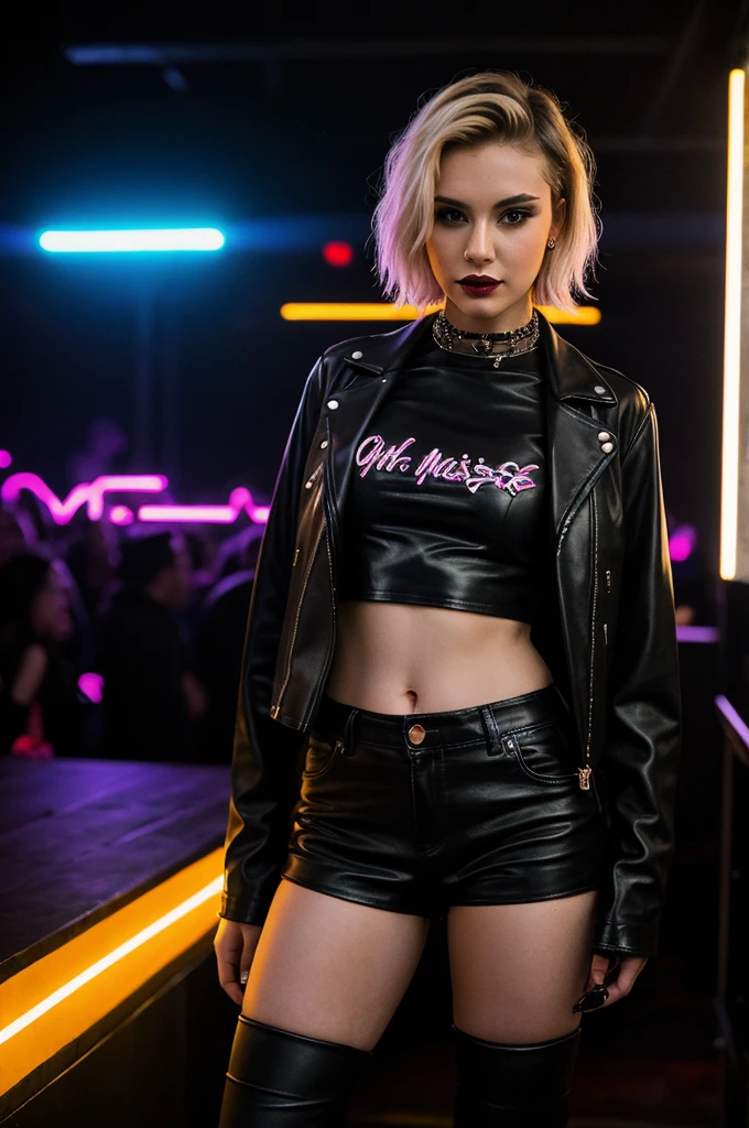 (Ultra-detailed eyes), (((textile shading))), (((Best Quality))), (((materpiece))), (((Ultra-detailed CG))), sassy 18 years old american girl, (((magical little girl))), (Petite), (tiny chest), blonde  wavy hair with pink streaks, ((gorgeous hair)), Pink eyes, (((punk girl, leather jacket, y2k ripped shorts))), ((striking a pose)), (((Game CG)) (gorgeous, sassy, it girl), fancy jewelry, graffiti-covered walls,neon lights,vibrant colors,night scene,gritty atmosphere,4K, strong punk atmosphere, cowboy shot, midshot, centered image, eye on camera, daylight,satin Shorts,
