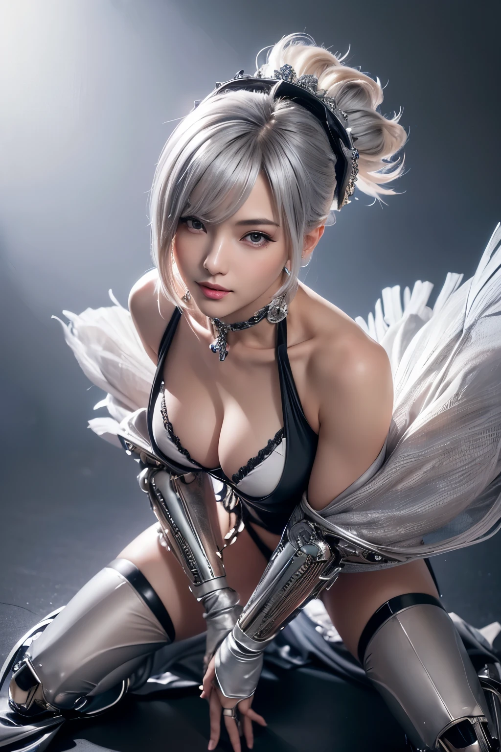 ((Beautiful full body shot of Reika, hyperrealistic, photorealistic, 8k, intricate detailasterpieceest quality, (Portrait:1.3), full body, dynamic pose1, ultra-detailed, a hot geisha, hyper detailed, top quality resolution)), (fleshy lips, silky skin),
(Female maid robot, beautiful face, clean smooth skin, detailed eyes, super big breasts, (short straight hair: silver), wearing a sexy maid micro dress: black with blue trim), carrying a feather duster, mechanical hands, mechanical legs, mechanical neck, energy crystal attached to chest, cord to neck, standing straight, smiling sincerely)
