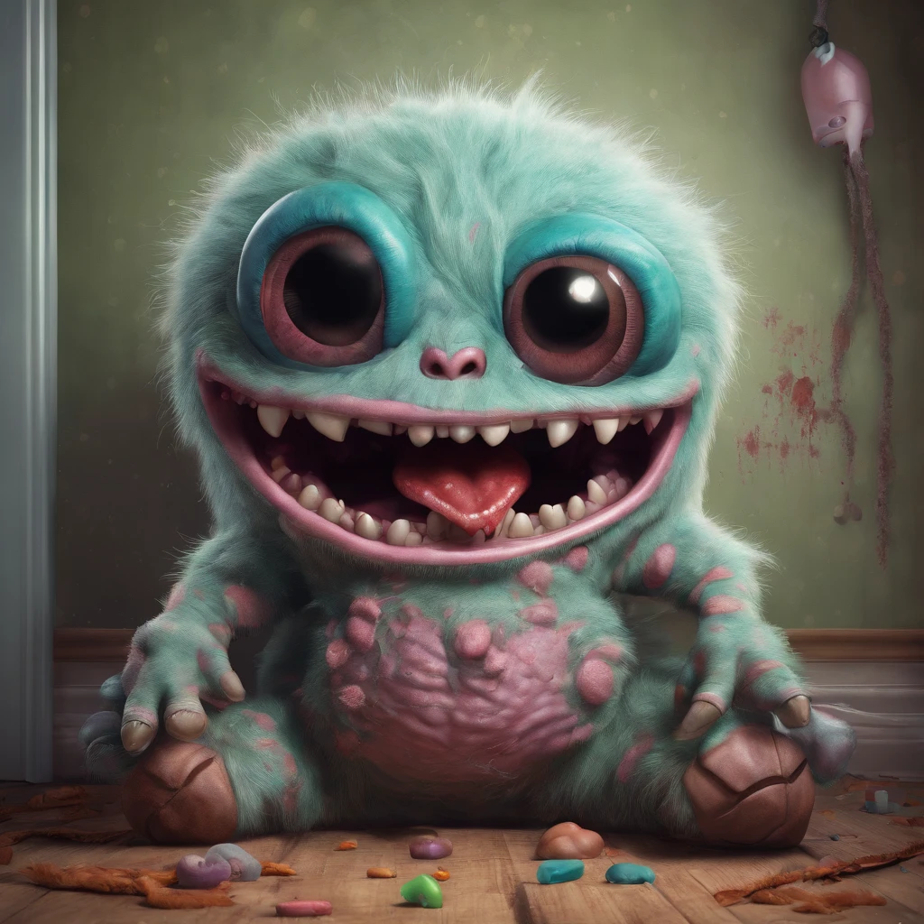 Cute monster, in children's room, horror vibe, dramatic lighting, detailed, best composition